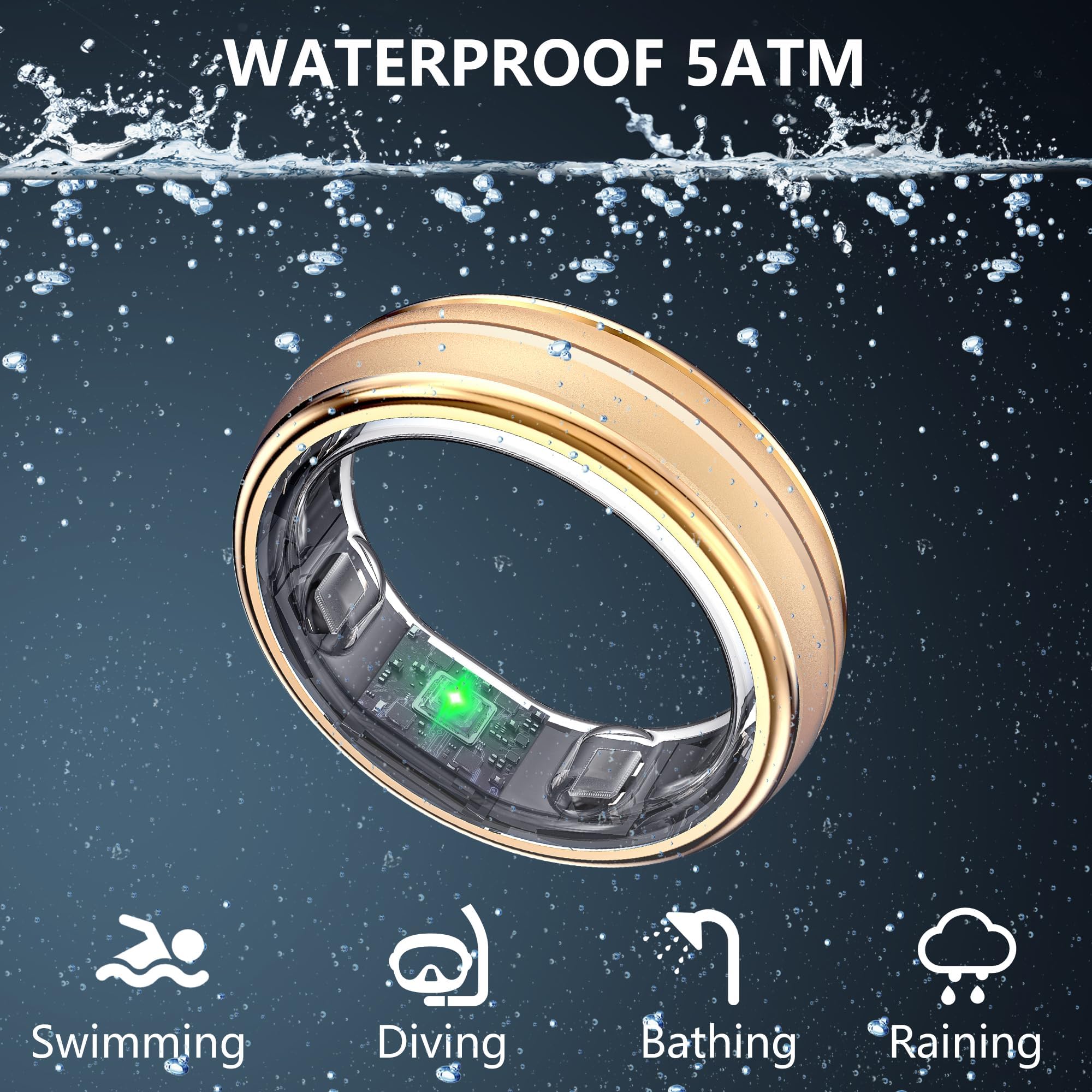 Smart Fitness Ring for Women & Men - Sleep & Step Tracker with Heart Rate Monitor | Waterproof Health Activity Tracker, iOS Android Compatible, No Subscription Needed (Gold, Size 8) - Perfect for Workouts, Sleep Monitoring & Daily Health Tracking