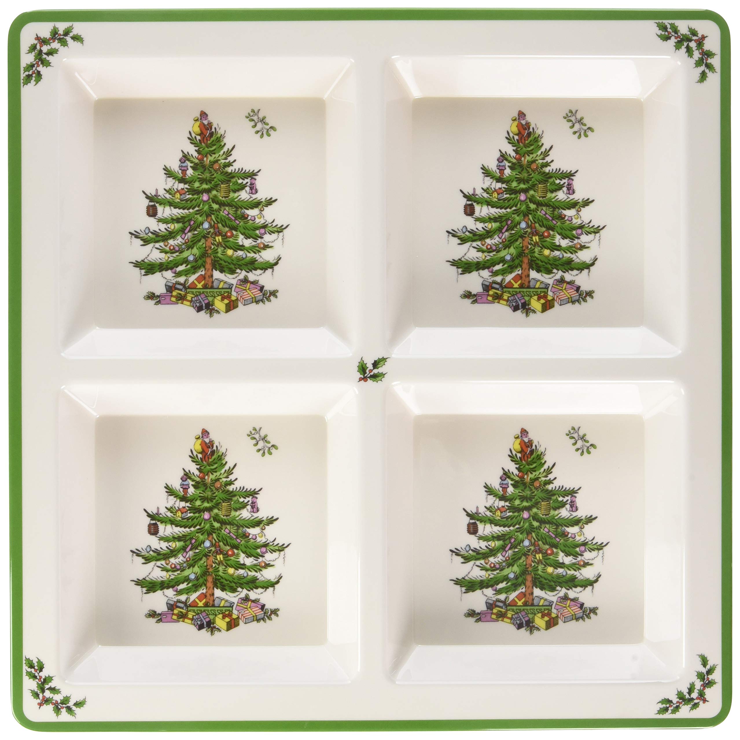 Spode Christmas Tree Melamine 4-Section Serving Tray - 13.5 Inch Divided Holiday Serveware for Nuts, Candy & Condiments - Festive Tableware for Christmas Parties, Family Gatherings & Holiday Entertaining - Durable Indoor/Outdoor Use