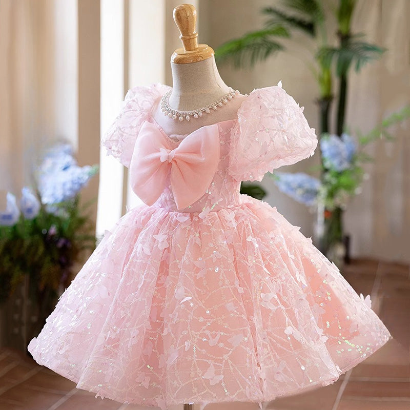 Elegant Pink Tulle Flower Girl Dress with Lace Trim, Bow Accent & Puff Sleeves - Perfect for Weddings, Birthday Parties & Special Occasions