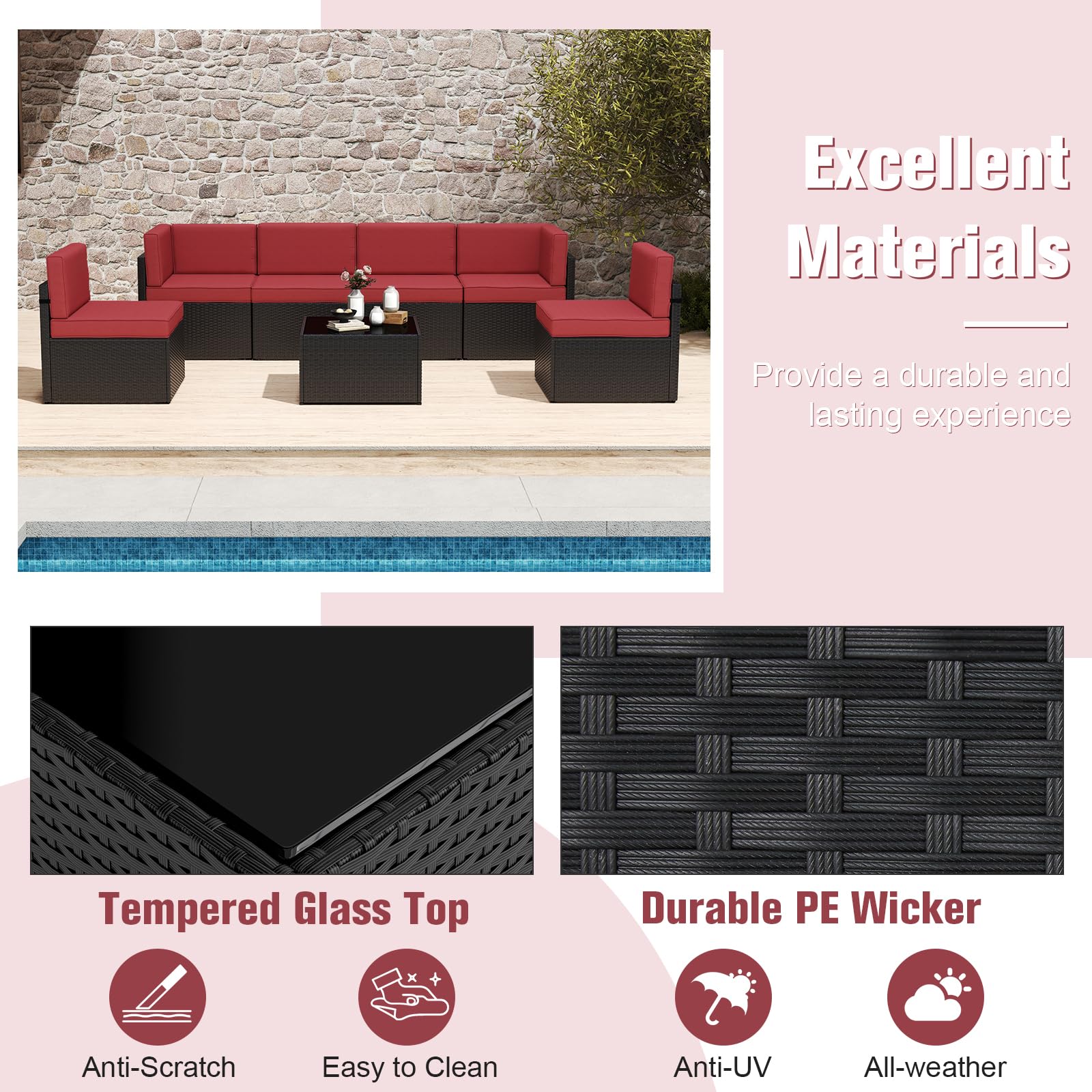JSUN7 7-Piece Outdoor Patio Furniture Set - PE Rattan Wicker Sofa with Washable Cushions & Glass Coffee Table in Wine Red - Perfect for Garden, Backyard, and Poolside Relaxation