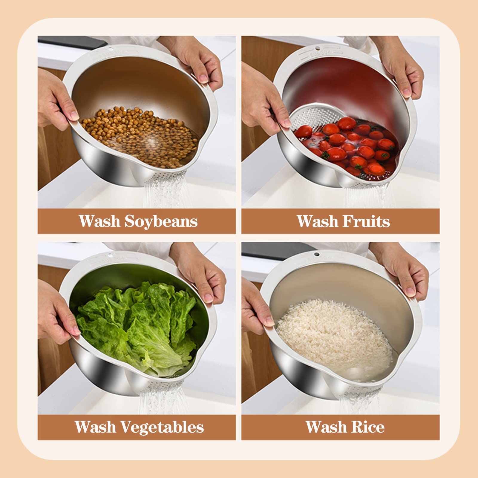 4-in-1 Stainless Steel Rice Washer & Colander Bowl - Perfect for Washing Quinoa, Fruits, Vegetables and Beans - Drain Holes Design for Easy Rinsing - Ideal for Healthy Cooking & Meal Prep in Modern Kitchens