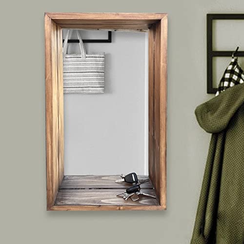 36x36 Inch Wooden Wall Hanging Mirror with Shelf - Rustic Entryway & Bathroom Decor, Space-Saving Storage Solution for Hallways, Bedrooms and Vanity Areas