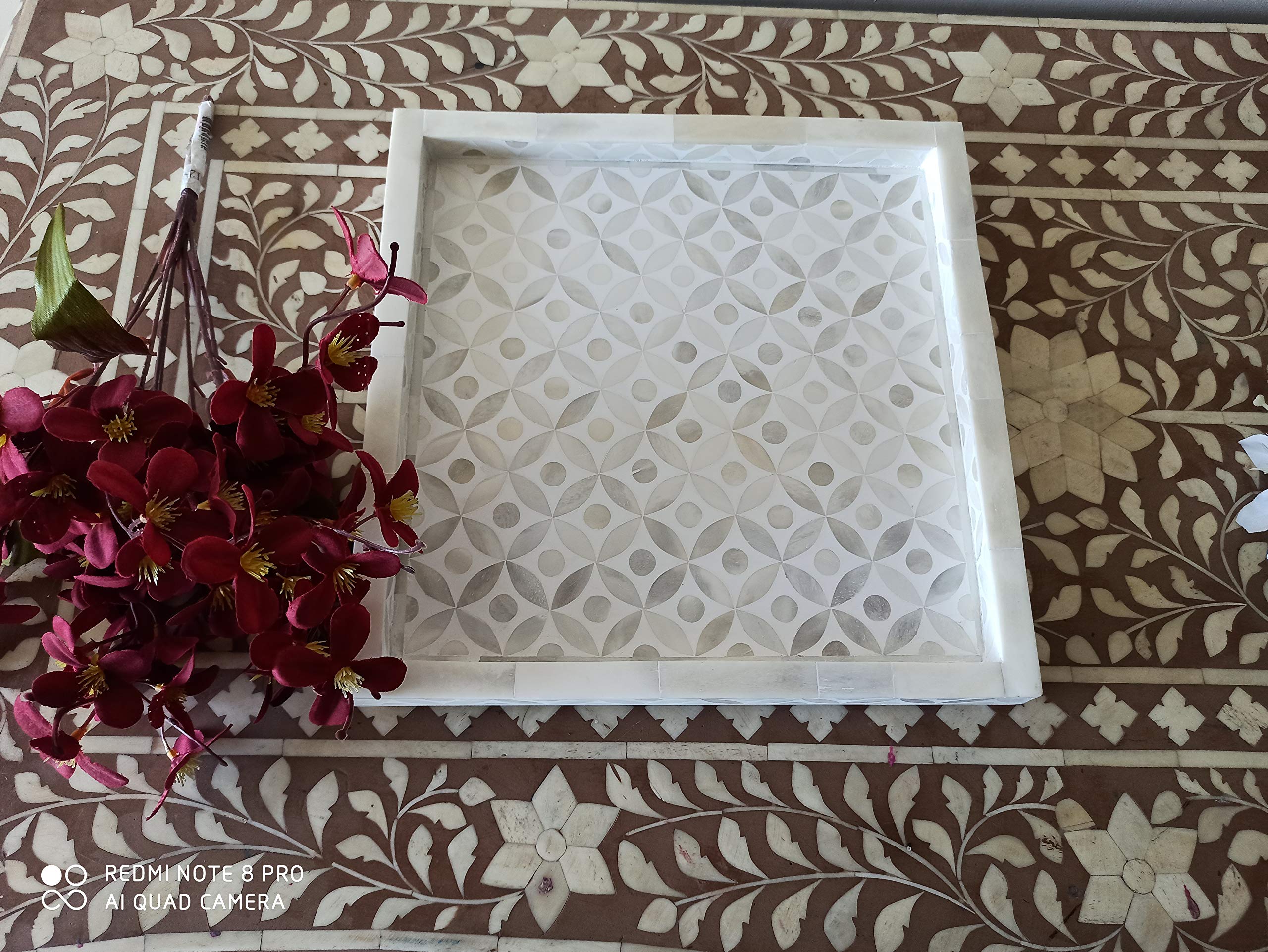 Handcrafted Antique Bone Inlay Serving Tray - White Wooden Decorative Ottoman Tray for Breakfast in Bed, Coffee Table Decor & Home Accessories | Fairdeal Handicrafts
