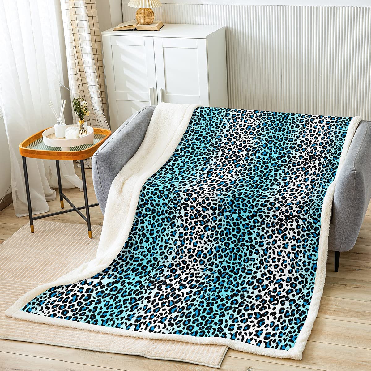 Erosebridal Teal Leopard Print Sherpa Fleece Blanket 30