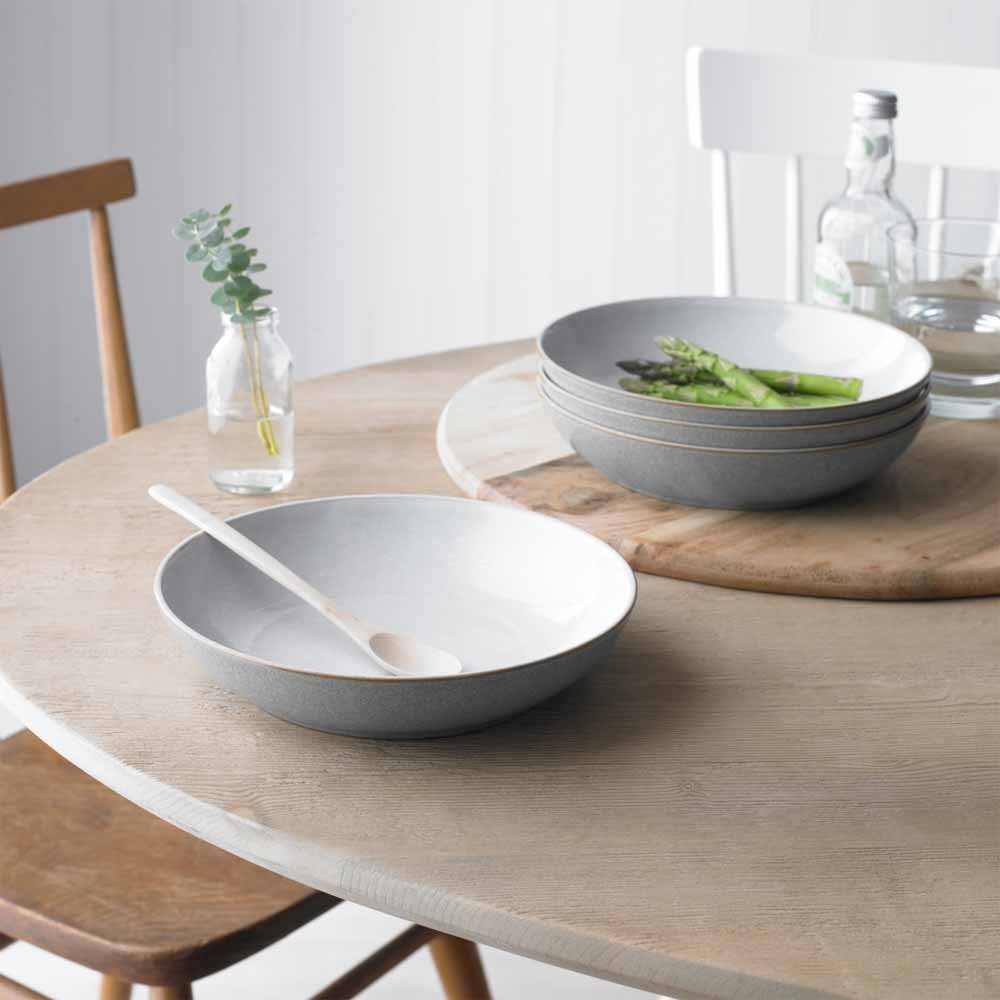 Denby Elements Light Grey Pasta Bowls Set of 4 - 22cm Microwave & Dishwasher Safe Ceramic Stoneware - 1050ml Chip Resistant Dinnerware for Pasta, Salad, Soup - Elegant Pale Grey & White Tableware for Restaurants & Home Dining