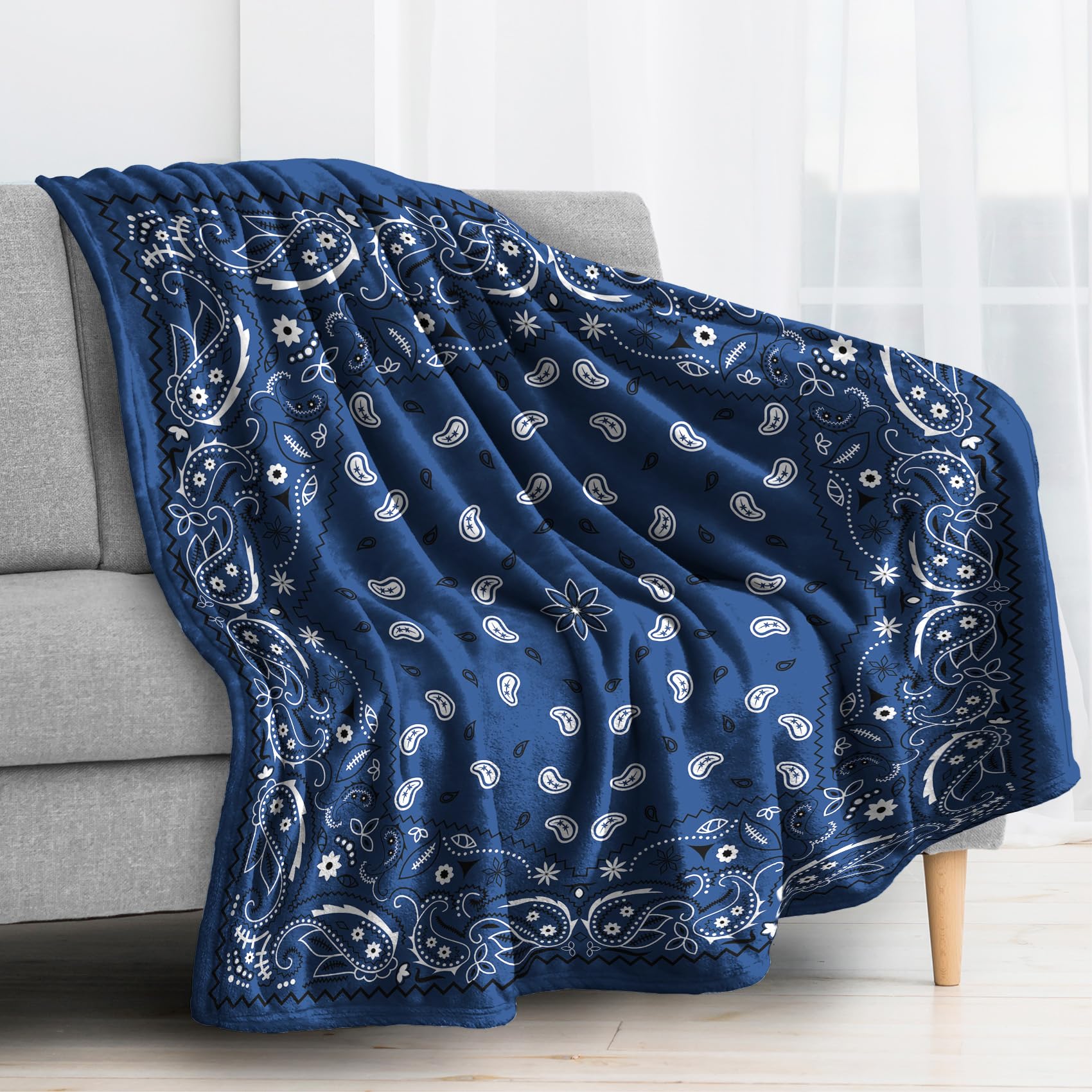 King Size Blue Bandana Fleece Throw Blanket - Ultra Soft Plush Flannel Blanket 108x90 Inches for Bed, Couch & Sofa | Paisley Design Cozy Blanket for Bedroom Decor, Camping, Picnics & Gift Giving
