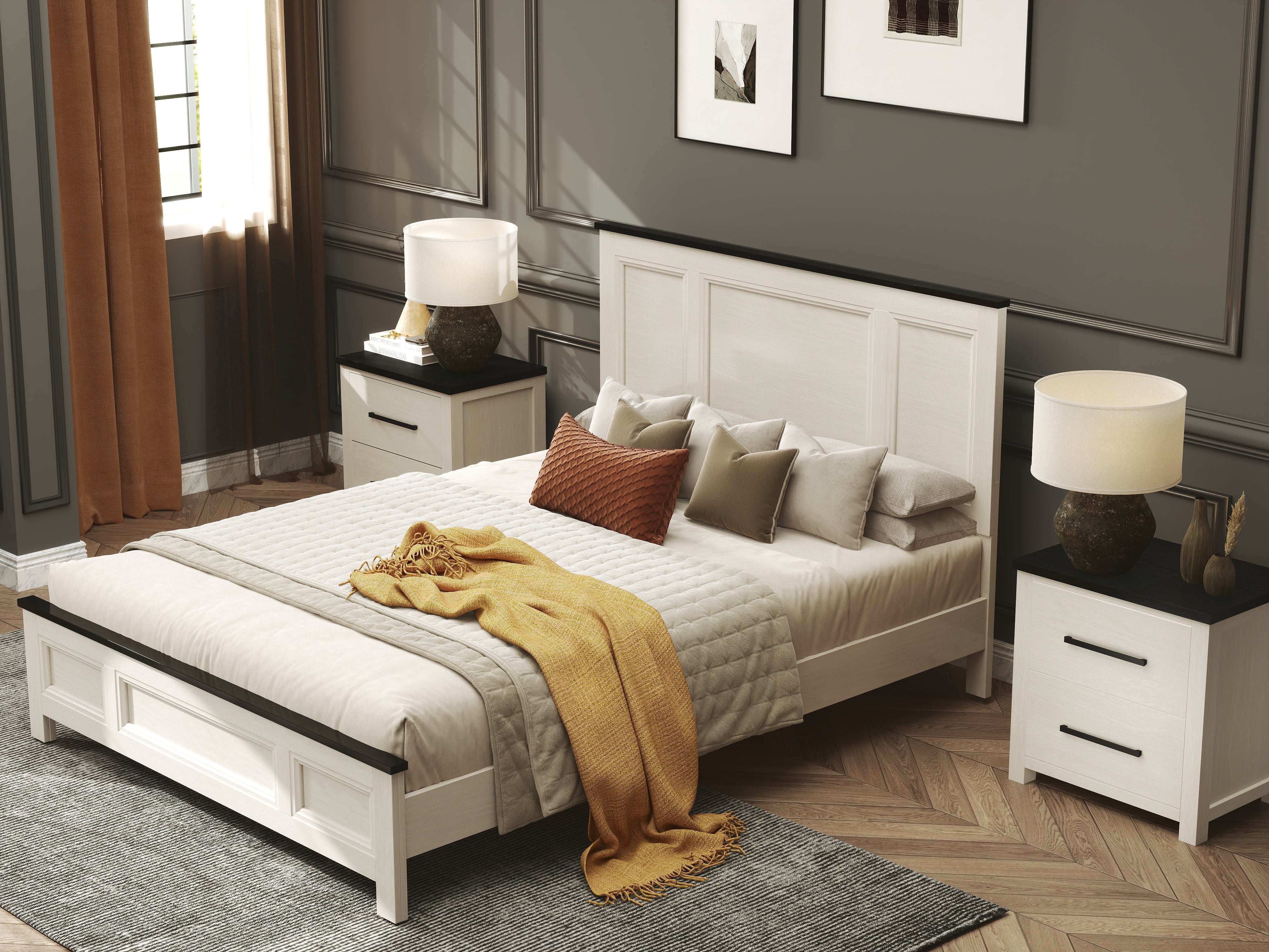 Roundhill Furniture Realynn Wood Bedroom Collection - Queen Size Bed Frame, Nightstand & Dresser Set in Off White Finish | Modern Farmhouse Style for Master Bedroom & Guest Room Decor