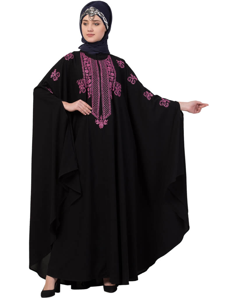 Elegant Black Arabic Contrast Zari Embroidered Irani Kaftan Dress - Perfect for Special Occasions, Weddings & Cultural Events