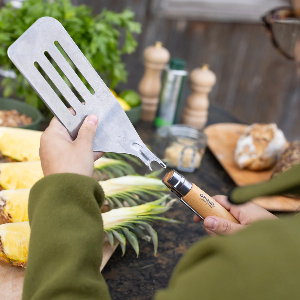 Opinel 3-Piece BBQ Grill Set - High-Quality Stainless Steel Knife, Fork, and Spatula for Outdoor Cooking, Camping, and Picnics