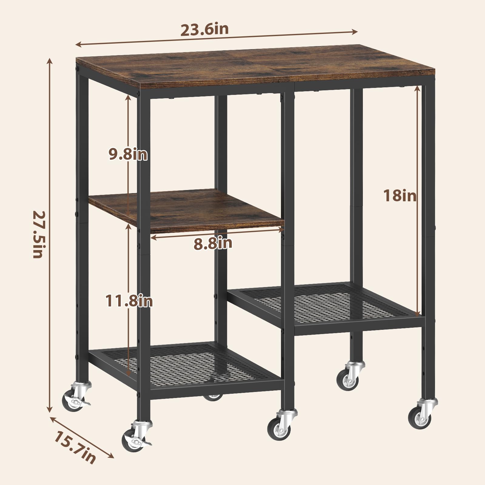 **4-Tier Rolling Microwave Cart with Wheels - Rustic Brown Kitchen Storage Shelf for Small Appliances, Coffee Bar Station & Baker's Rack | Perfect for Kitchen, Living Room & Apartment Organization**