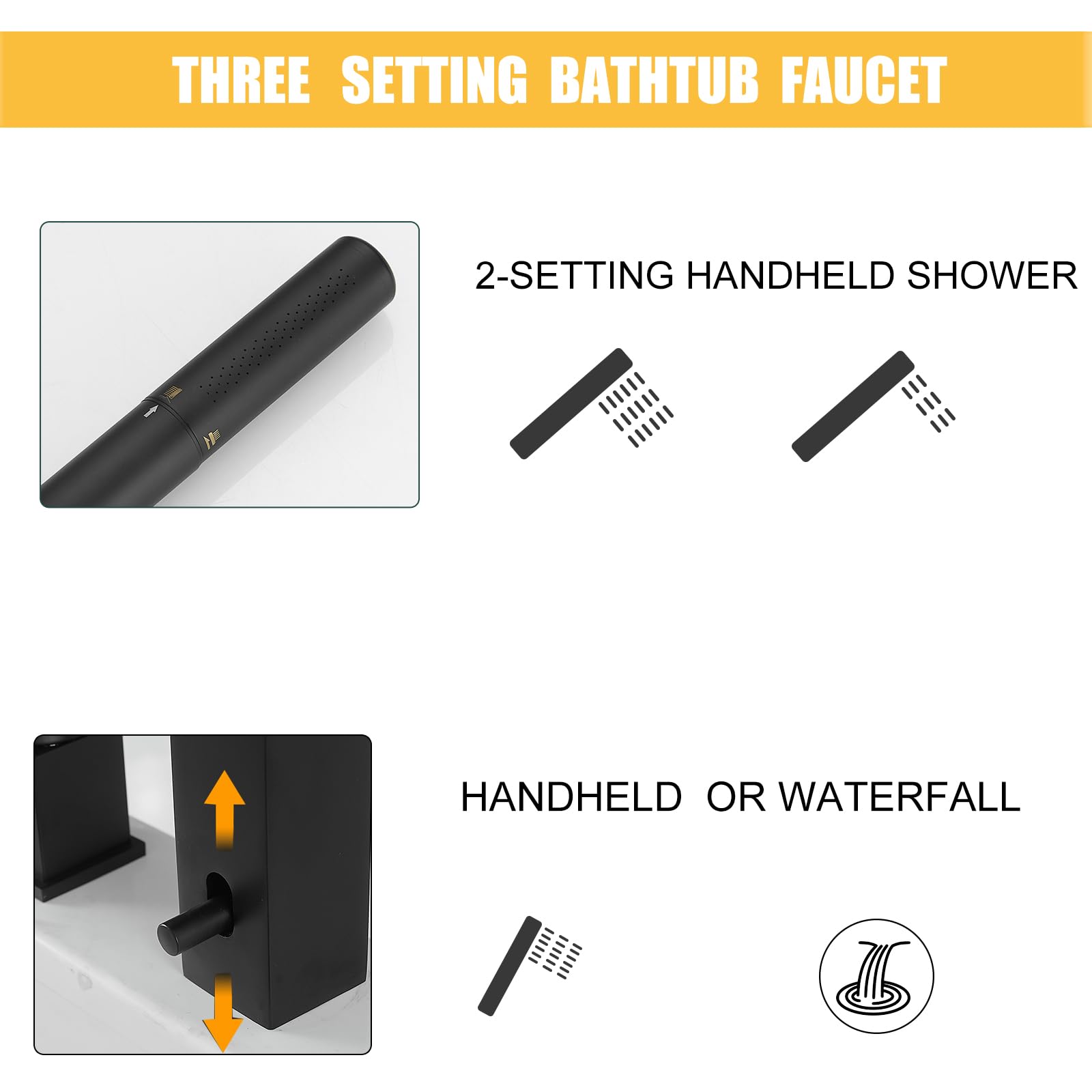 BESy Matte Black Roman Tub Faucet with Handheld Showerhead - 2-in-1 Deck Mount Bathtub Faucet Set with Sprayer, Brass Construction, cUPC Certified - Perfect for Luxury Bathrooms, Spa-Like Showers & Modern Home Renovations