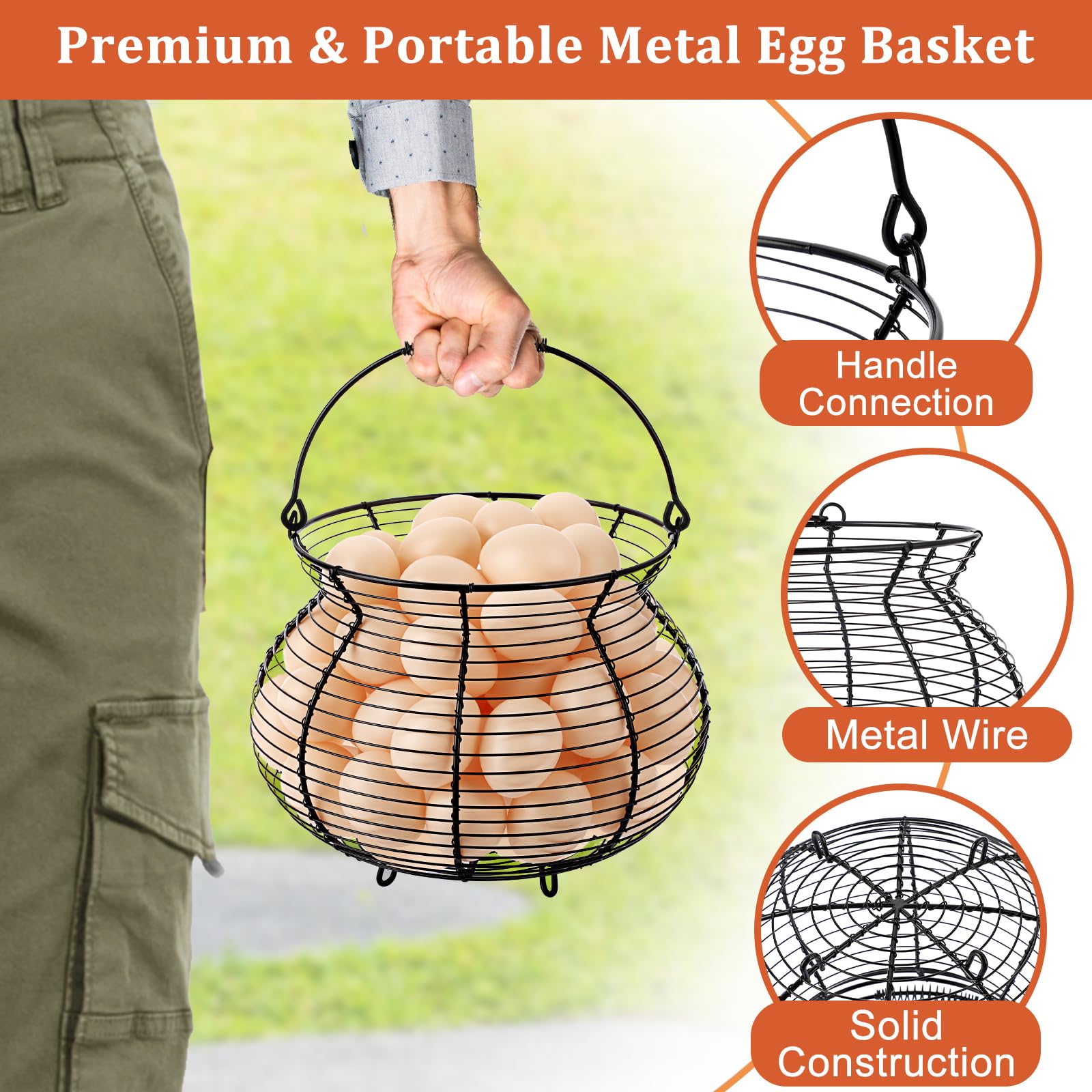 1 PCS Black Big Belly Wire Egg Basket with Handle - Small Metal Egg Collecting Basket for Chicken & Duck Eggs - Durable Egg Holder for Kitchen Countertop, Farm, or Backyard Gathering - Perfect for Fresh Egg Storage & Hunting