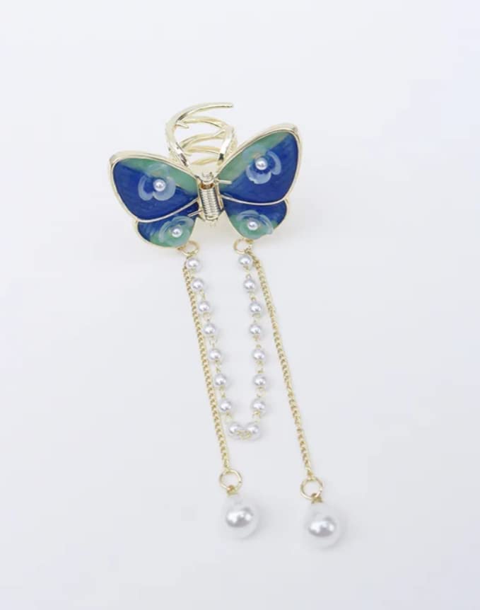 PLUCKET® Rhinestone Butterfly Hair Clips with Pearl Tassel - Small Hair Claw Barrettes for Women & Girls - Blue Hair Accessories for Parties, Weddings & Everyday Styling