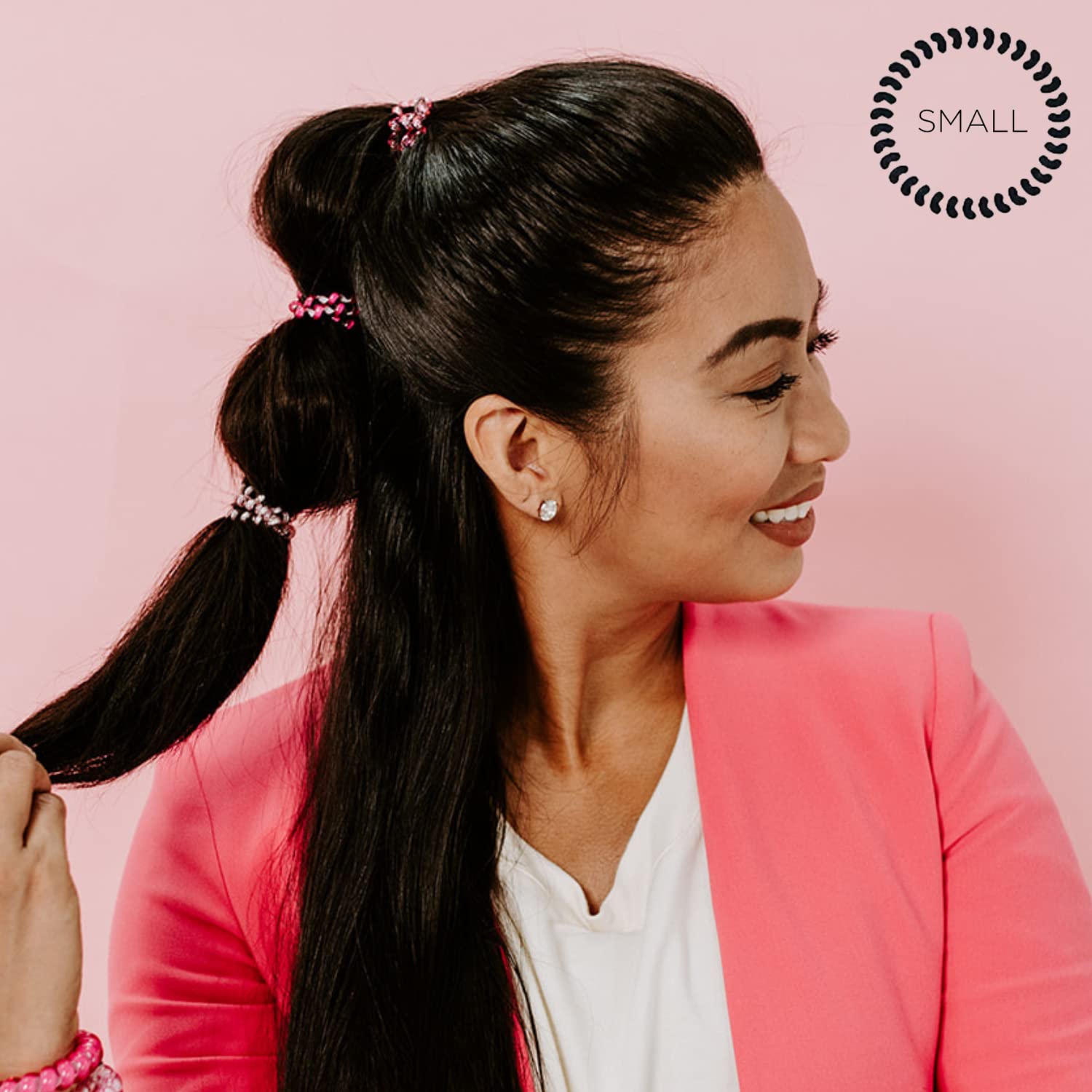 Spiral Hair Coils for Women - No Crease No Rip Hair Ties with Strong Grip - Water Resistant Phone Cord Ponytail Holders (3 Pack, Small, Pink) - Perfect for Workouts, Yoga, and Everyday Hairstyles