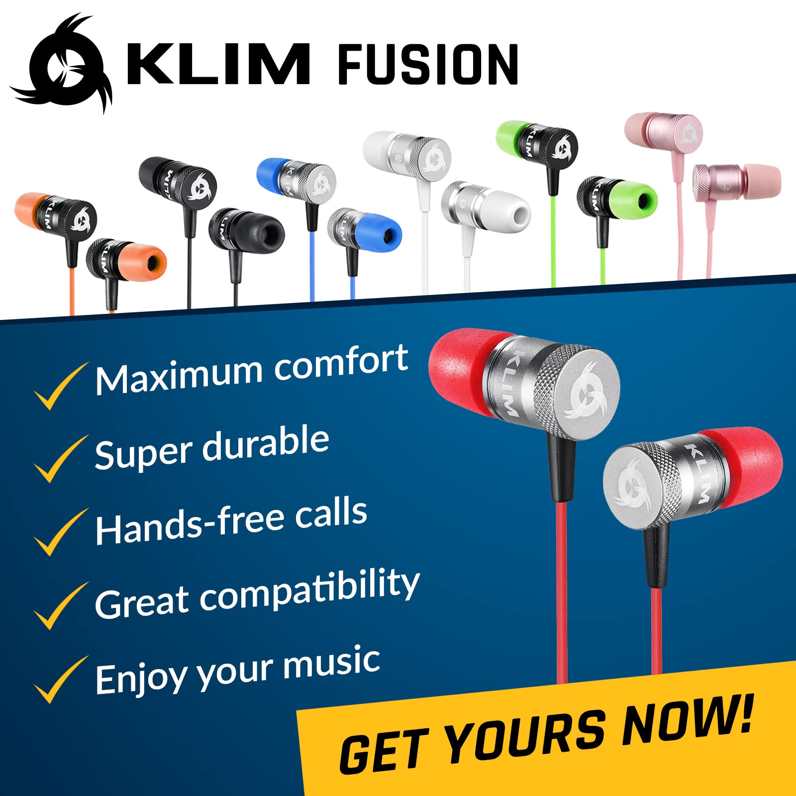 KLIM Fusion Wired Earbuds with Microphone - Memory Foam Earphones for Gaming & Music - 3.5mm Jack Noise Isolation Headphones - 5 Year Warranty (Red) - Perfect for Workouts, Commuting & Online Gaming