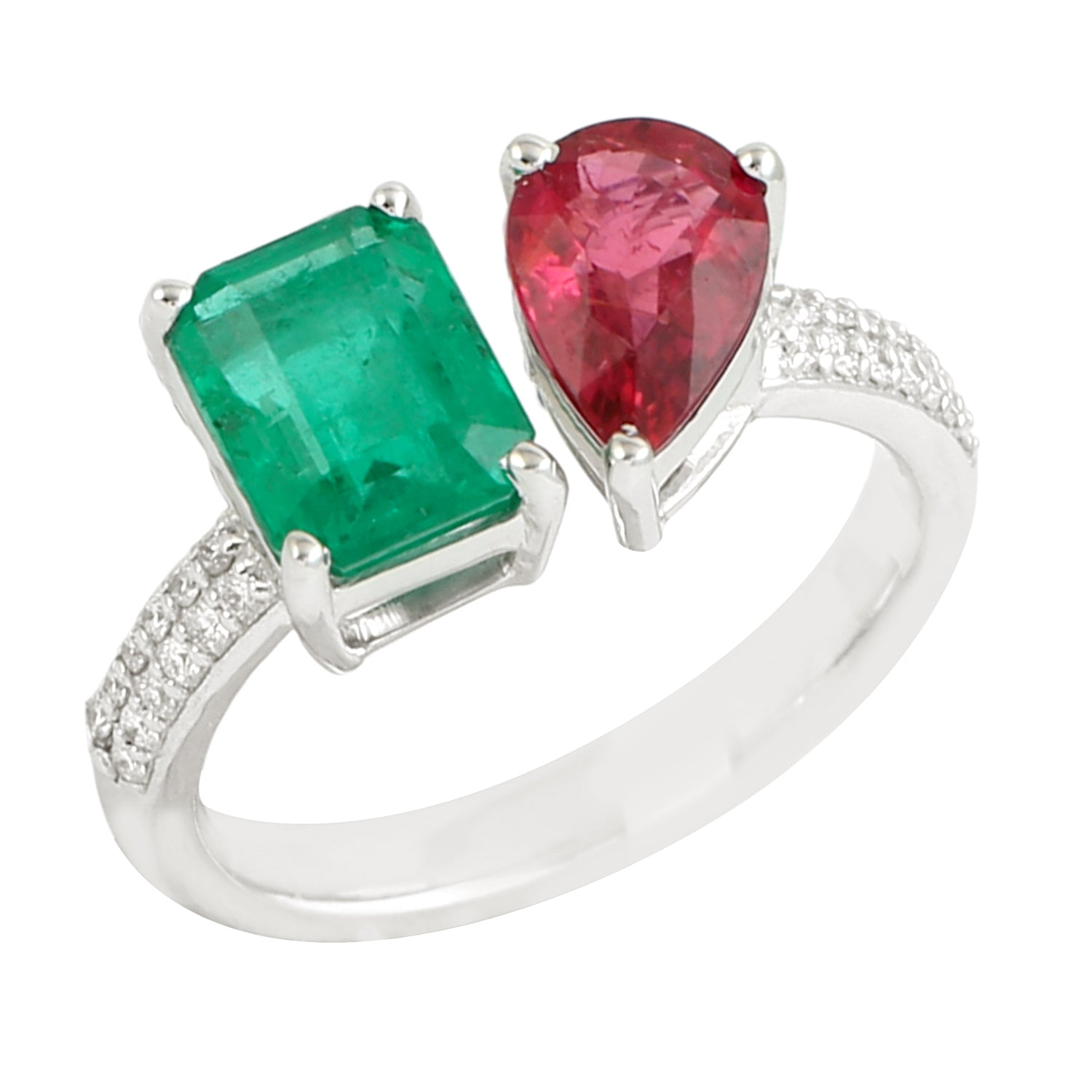 Emerald Cut Emerald and Pear Cut Ruby Pave Diamond Bypass Ring in 14K White Gold - Elegant Bridal Jewelry for Engagement, Wedding & Anniversary Gifts