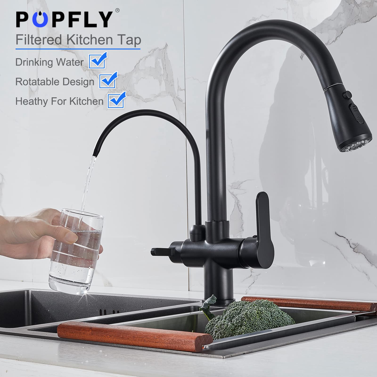 POPFLY 3-in-1 Kitchen Sink Faucet with Water Filter & Pull Down Sprayer - Matte Black Brass Drinking Water Faucet for Clean Filtered Water - Perfect for Modern Kitchens, Home Renovations & Healthy Cooking