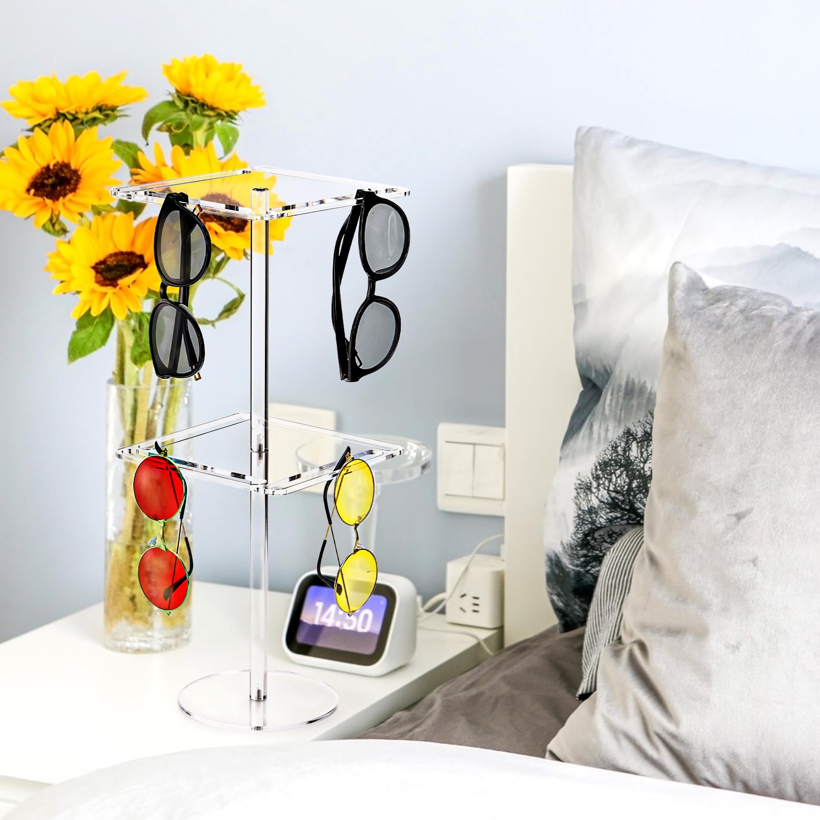 360° Rotating Acrylic Sunglasses Display Stand - 2 Tier Clear Eyeglass Holder for Retail Stores & Boutiques | Eyewear Organizer for Countertop, Tabletop & Optical Shop Displays