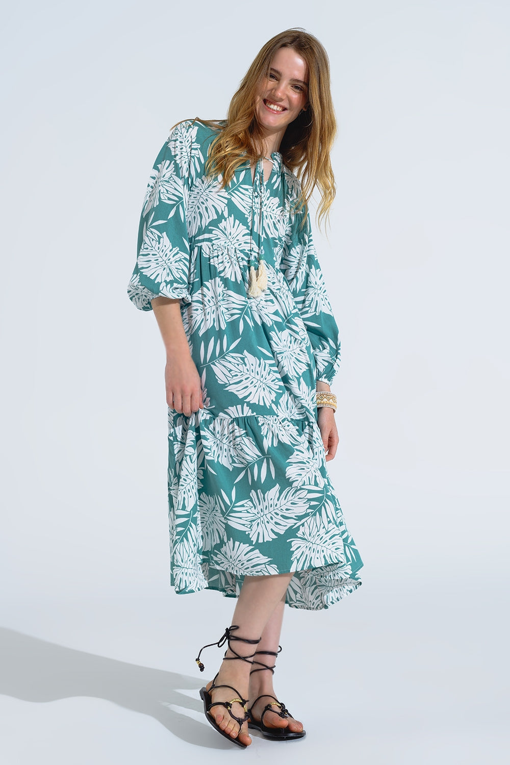 Boho Long Sleeve Balloon Robe with Leaf Print in Green - Perfect for Yoga, Beach Cover-Up, and Relaxing at Home
