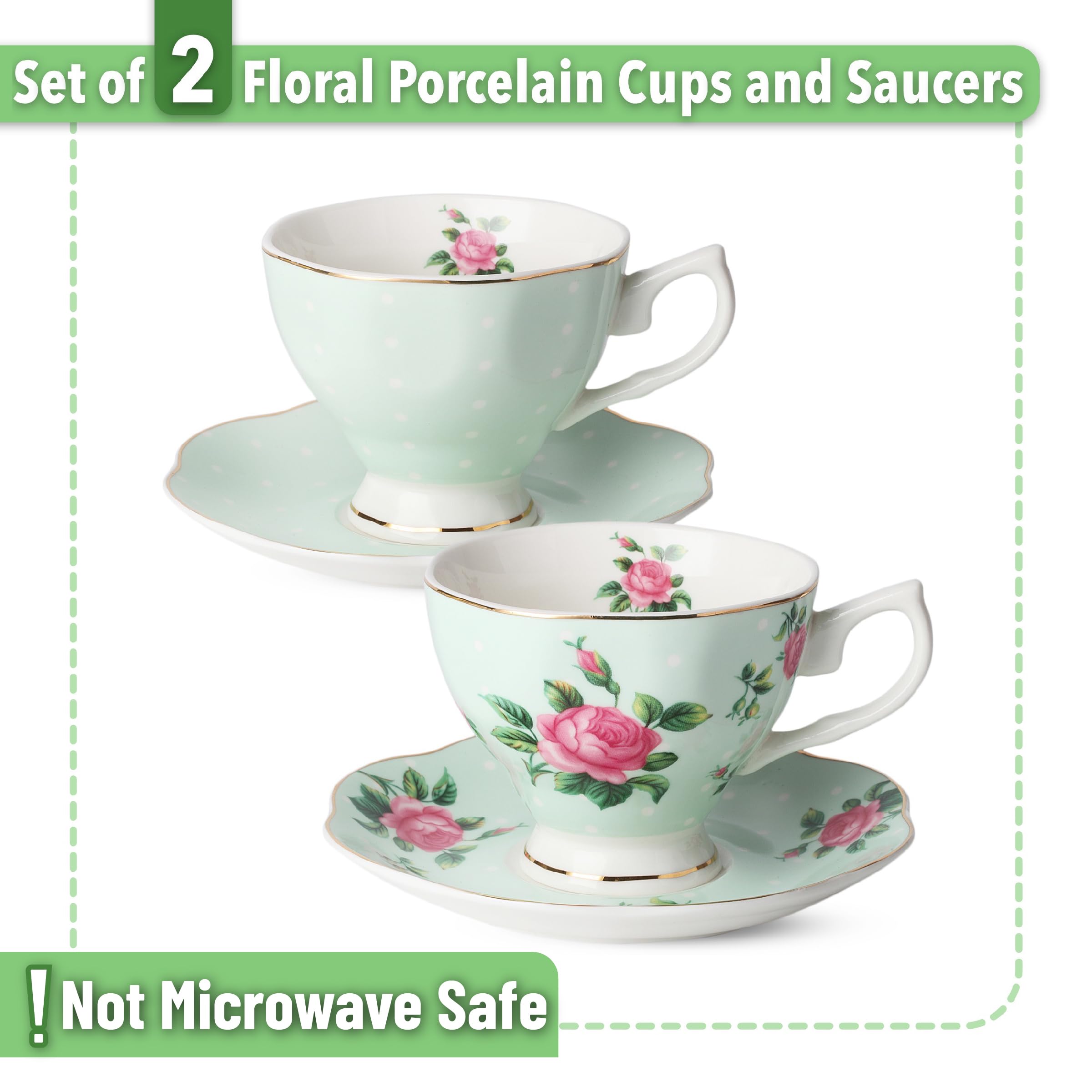 BTaT Floral Tea Cups and Saucers Set of 2 - 8oz Porcelain Coffee Cups with Gold Trim, British Style Tea Set for Women, Perfect for Afternoon Tea, Mother's Day Gift, Bridal Shower or Home Decor