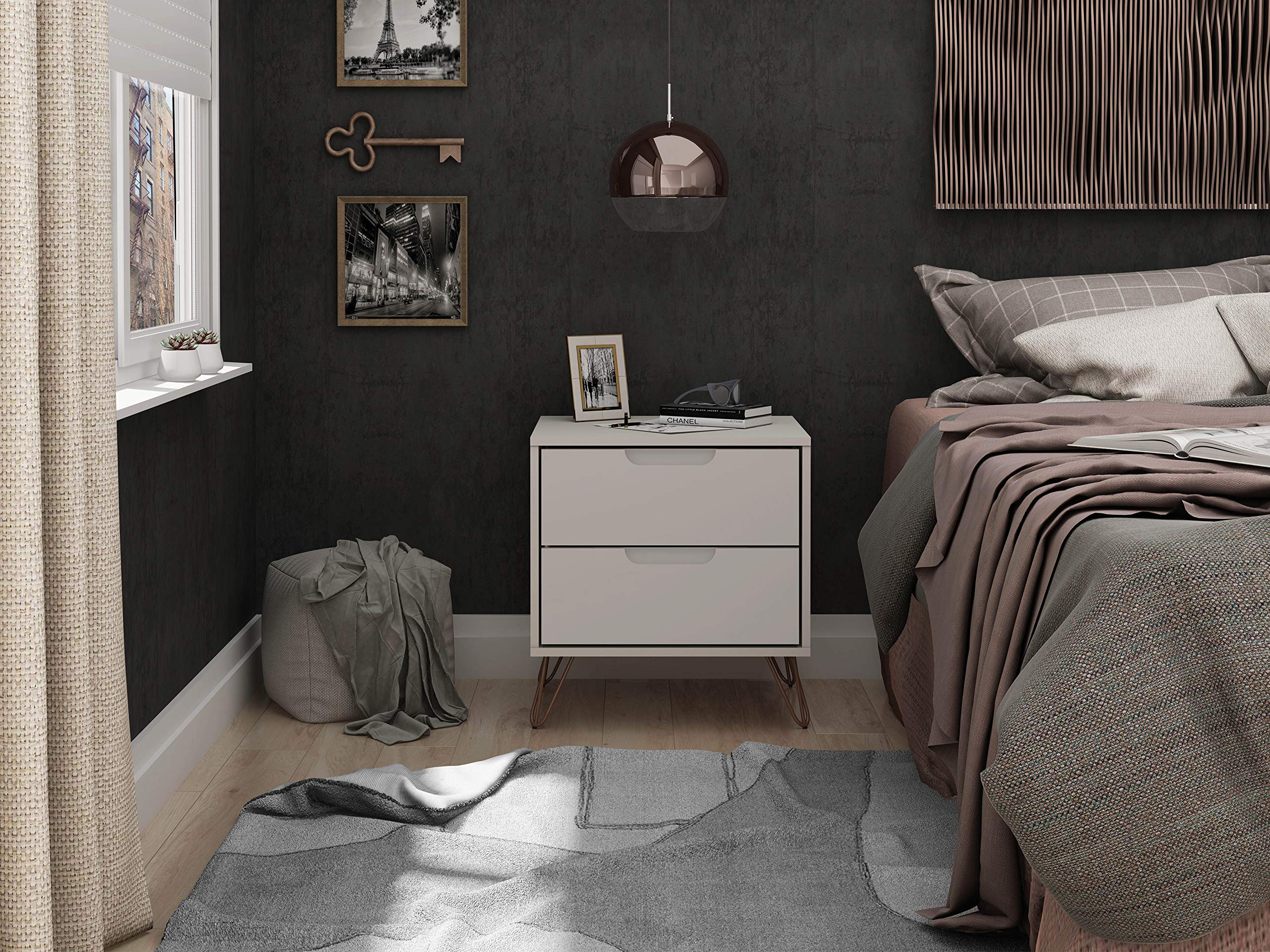 Mid Century Modern Nightstands Set of 2 - Manhattan Comfort Rockefeller Bedside Tables with Drawers, Minimalist Display & Storage Organizer for Bedroom - Off-White Night Stands Perfect for Small Spaces, Guest Rooms & Apartment Living