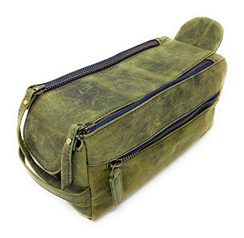 Premium Buffalo Leather Unisex Toiletry Bag - Durable Travel Dopp Kit for Men & Women (Distressed Green Tan) - Perfect for Camping, Gym & Business Trips
