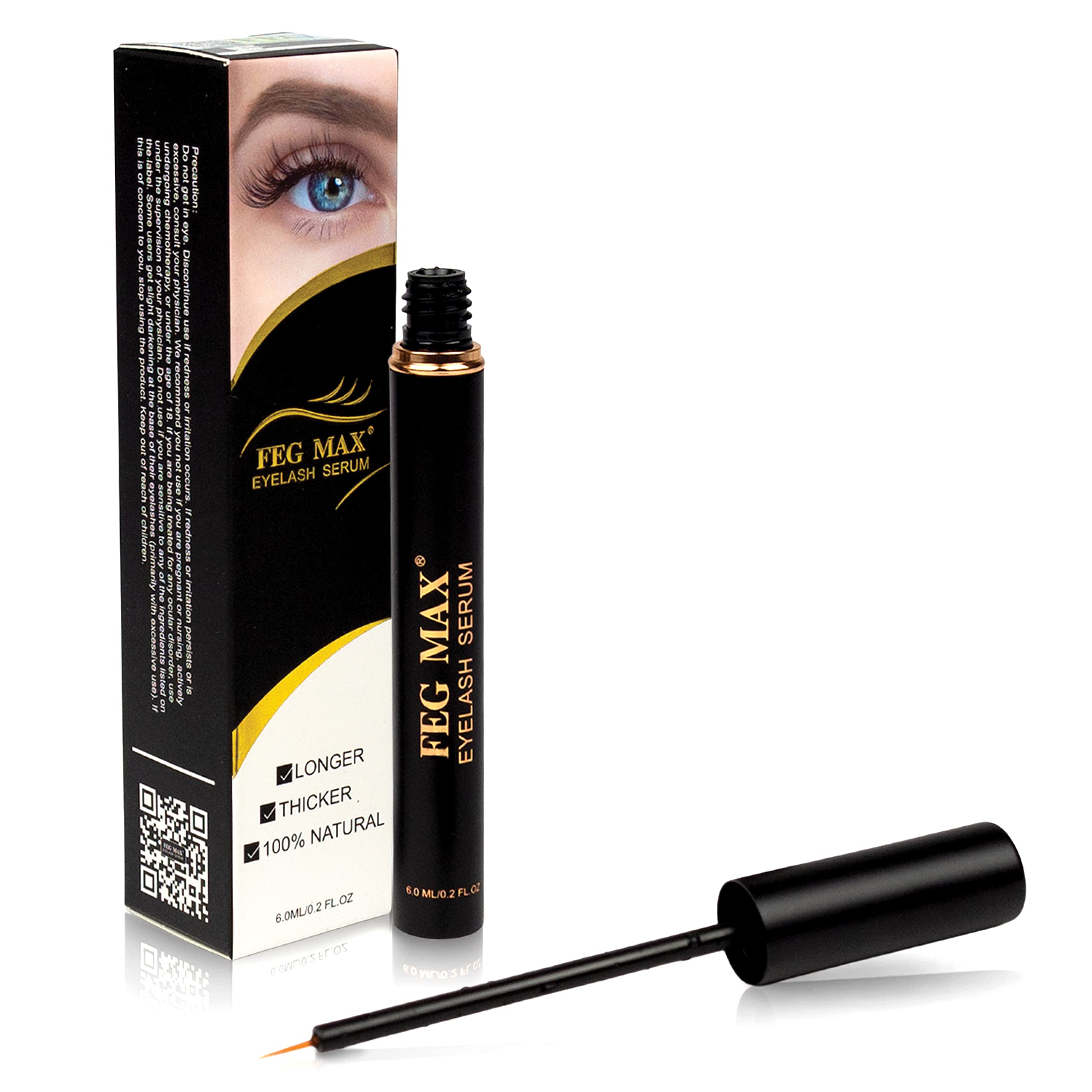 FEG Max Eyelash Serum for Longer & Thicker Lashes - Natural Eyelash Growth Enhancer with Fast Results - 6mL Eyelash & Brow Serum - Perfect for Daily Use & Special Occasions