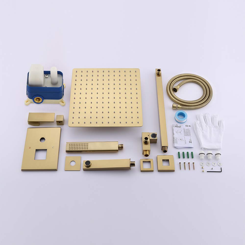 Premium Iriber Champagne Bronze Rain Shower System with Waterfall Tub Spout - 3-Function Brushed Gold Shower Faucet Set Includes 12 Inch Rainfall Shower Head & Handheld Spray - Brushed Brass Shower Trim Kit (Valve Included) - Perfect for Luxury Bathroom Renovations & Spa-Like Shower Experience