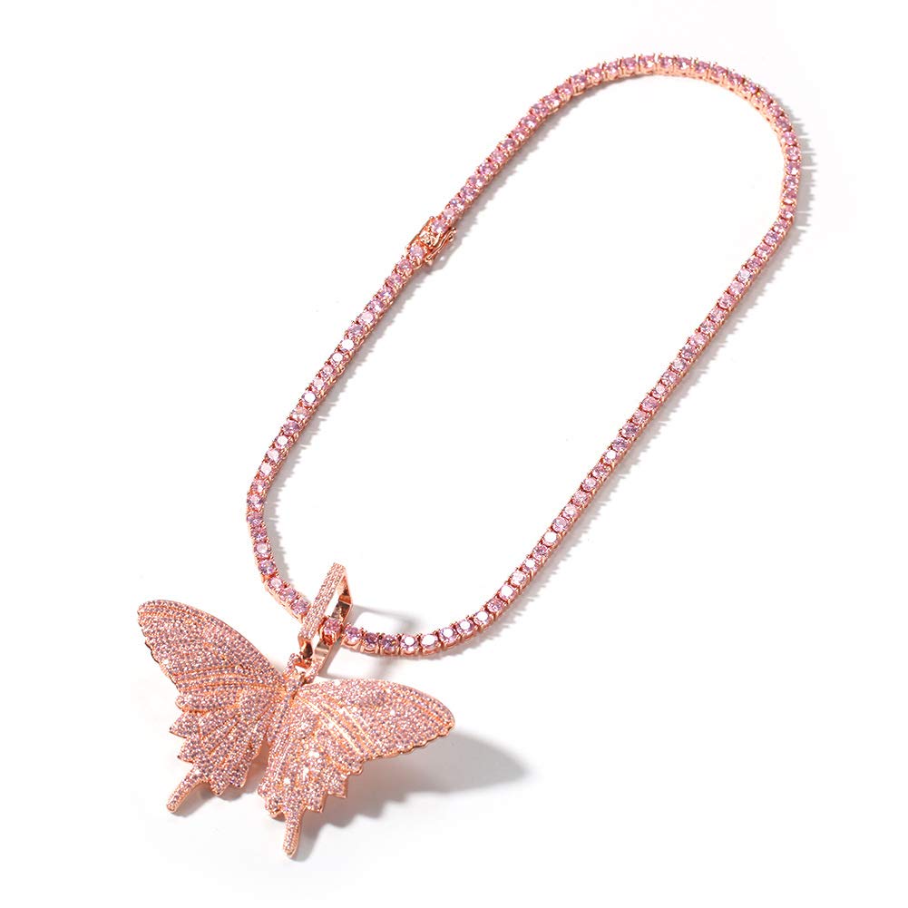 18K Gold Plated CZ Simulated Diamond Pink Butterfly Pendant Necklace for Men & Women | Iced Out Hip Hop Chain | Perfect for Parties, Gifts & Fashion Jewelry