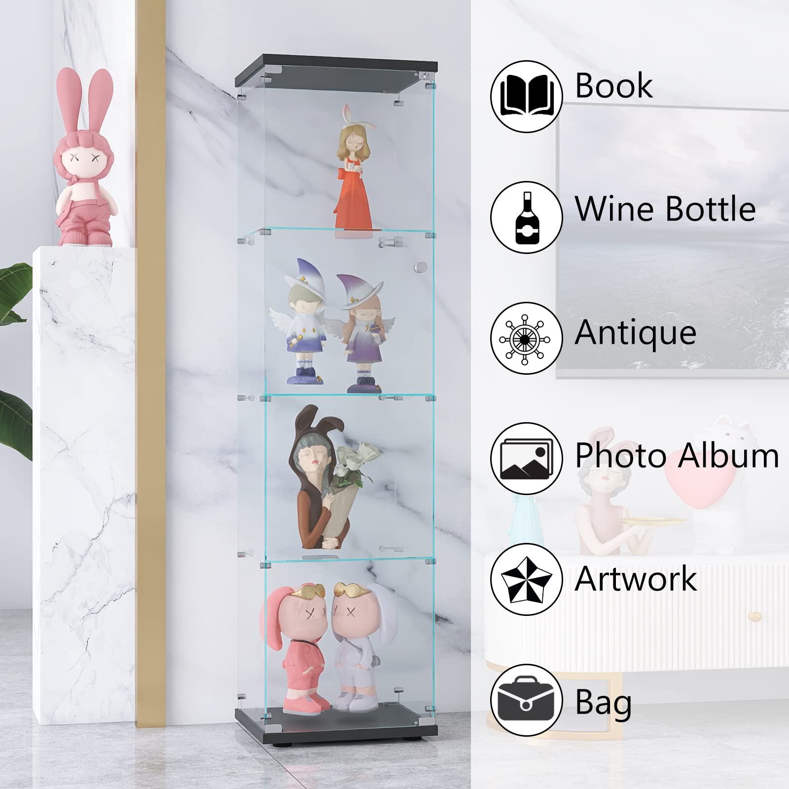 Glass Display Case Cabinet with Glass Doors & Shelves - Wall Curio Cabinet, Corner Bookcase, Glass Bookshelf Storage for Living Room, Bedroom, Office (Black) | Perfect for Showcasing Collectibles, Books & Home Decor