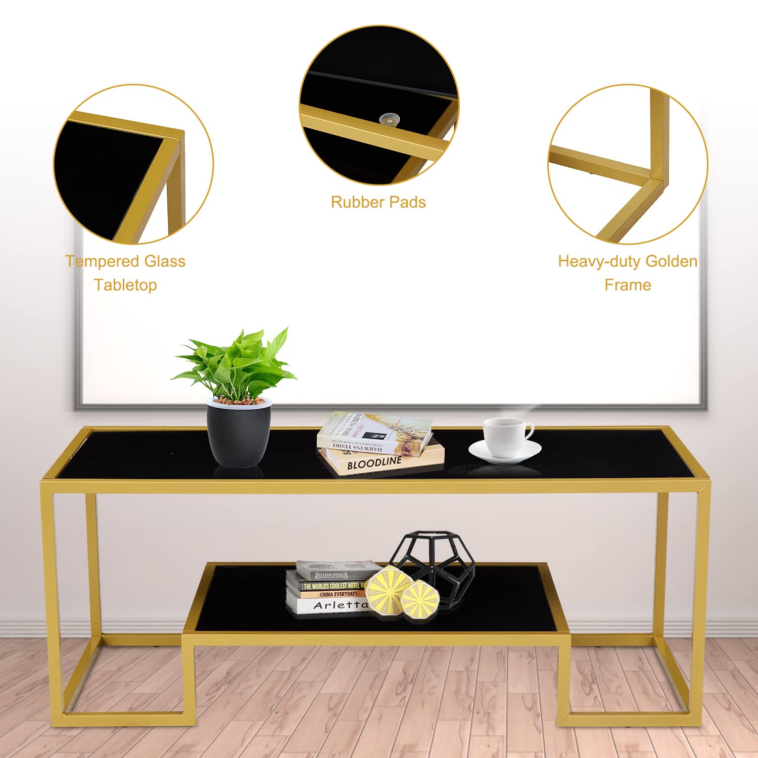 Modern Brass Accent Coffee Table with Storage Shelf - 2-Tier Tempered Glass Center Table for Living Room, Office & Waiting Areas - Black & Gold Finish - Perfect for Small Spaces, Home Decor & Hospitality Settings