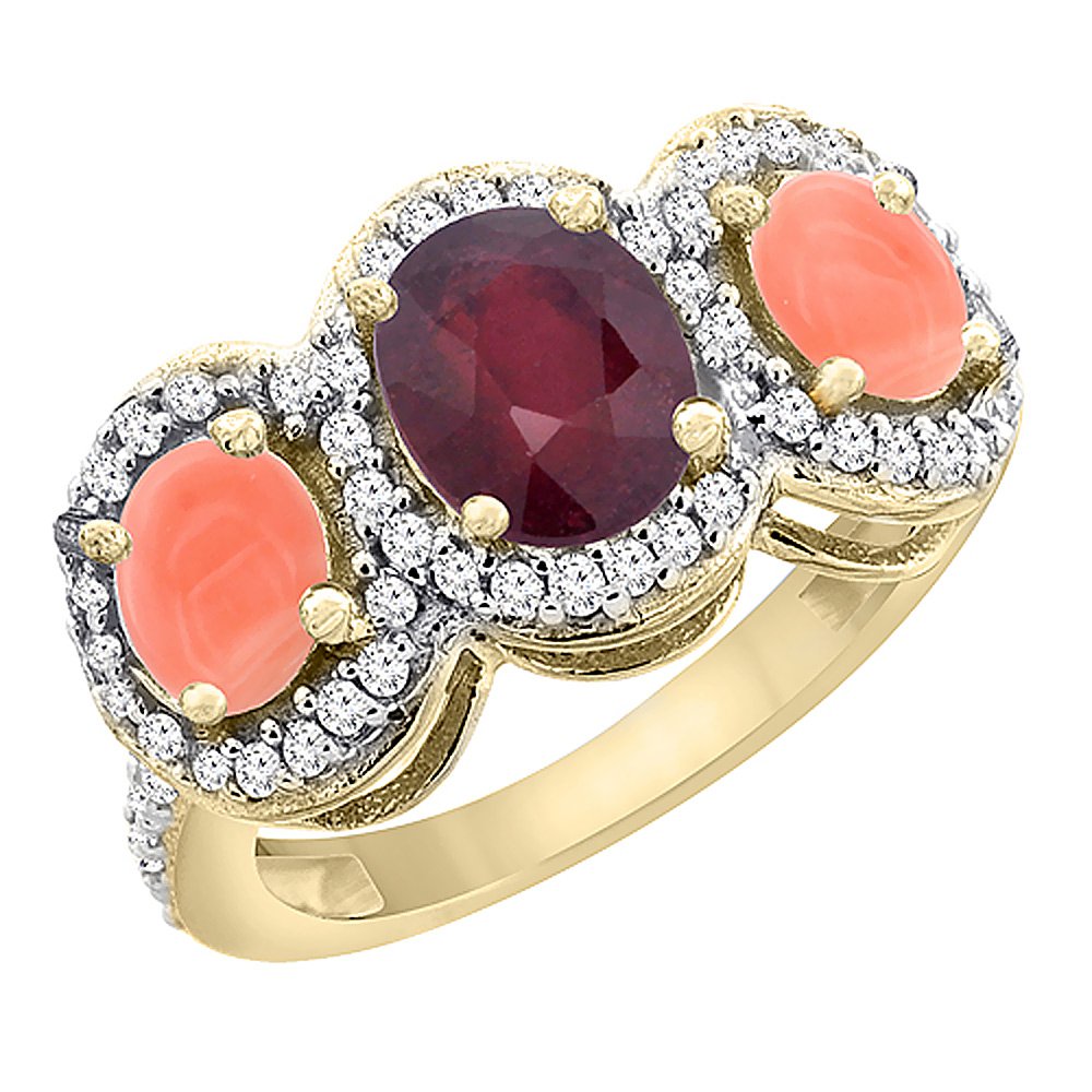 14K Yellow Gold Natural Ruby & Coral 3-Stone Mothers Ring with Oval Diamond Accent - Sizes 5-10 | Elegant Gift for Mom, Anniversary, Birthday & Special Occasions