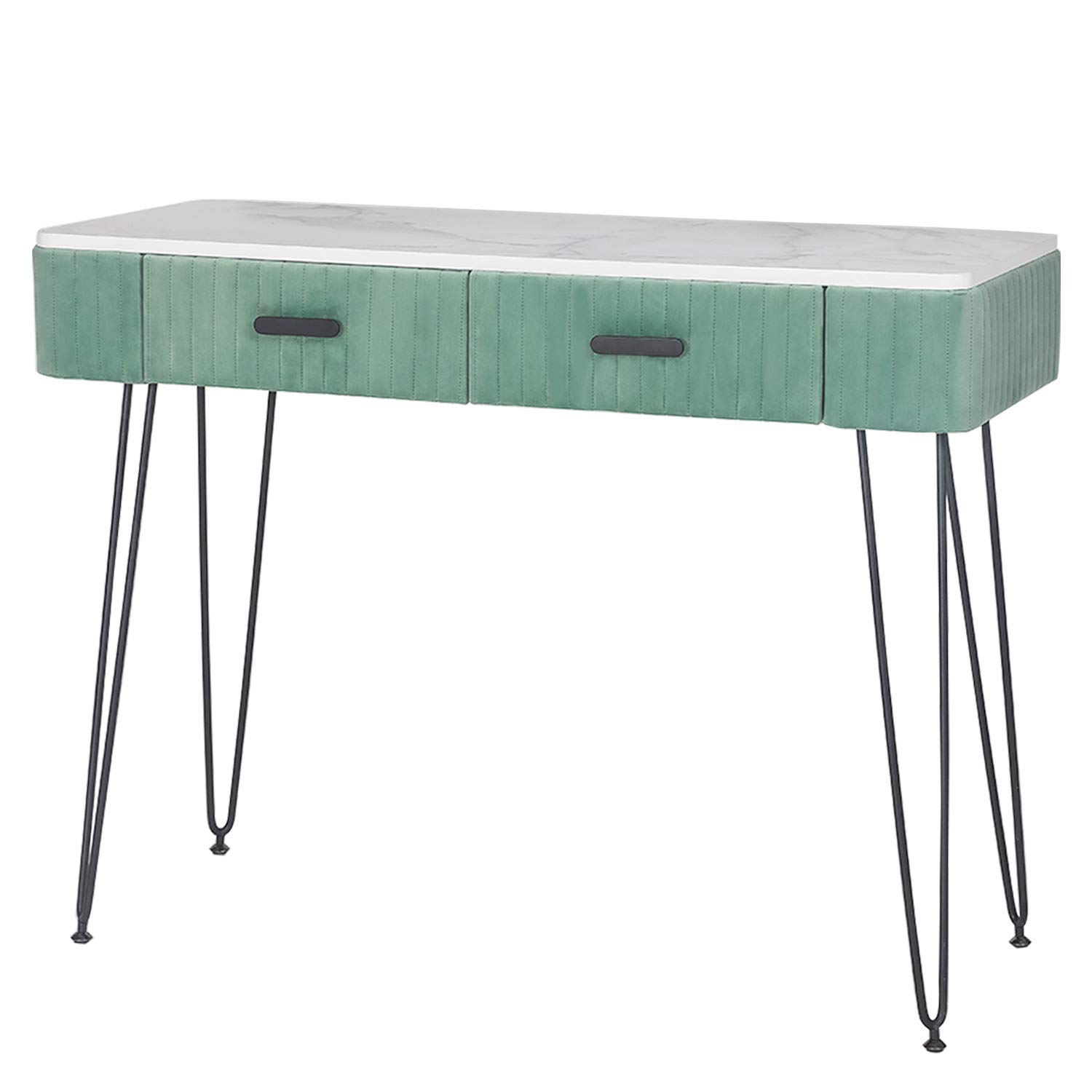 Homebeez Wooden Vanity Table with 2 Drawers & Storage Shelf - Green Makeup Dressing Table with Metal Legs for Bedroom | Perfect for Cosmetics Organization & Beauty Routine