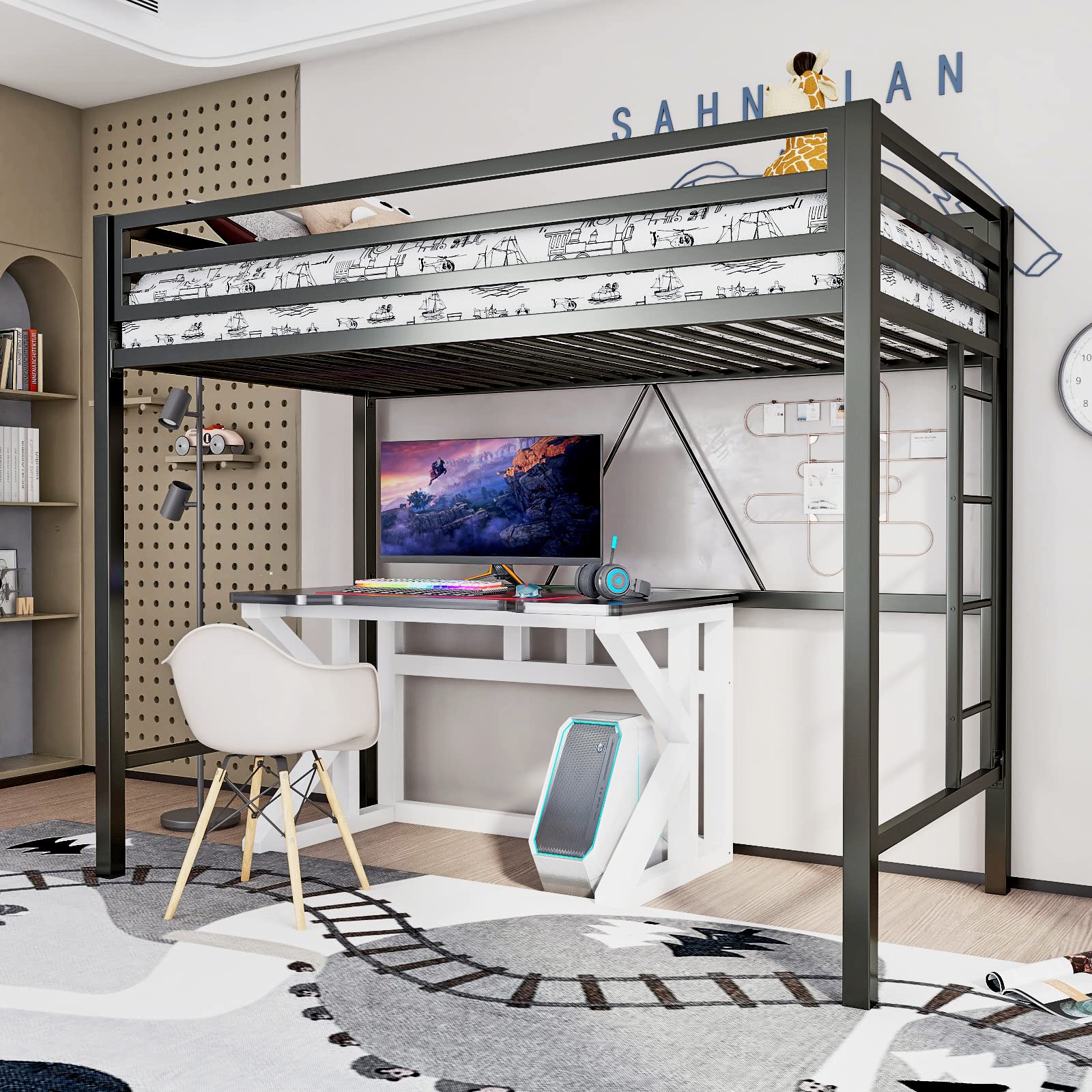 **Metal Loft Bed Twin Size with Safety Guardrail & Ladder - Space Saving Bed Frame, No Box Spring Needed - Matte Black - Ideal for Kids, Teens & Small Bedrooms**