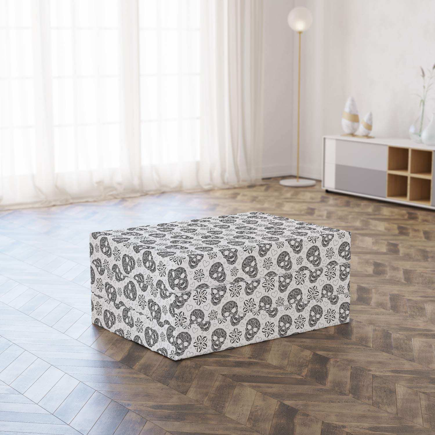 Ambesonne Black and White Foldable Mattress with Abstract Skulls Design - 74.8