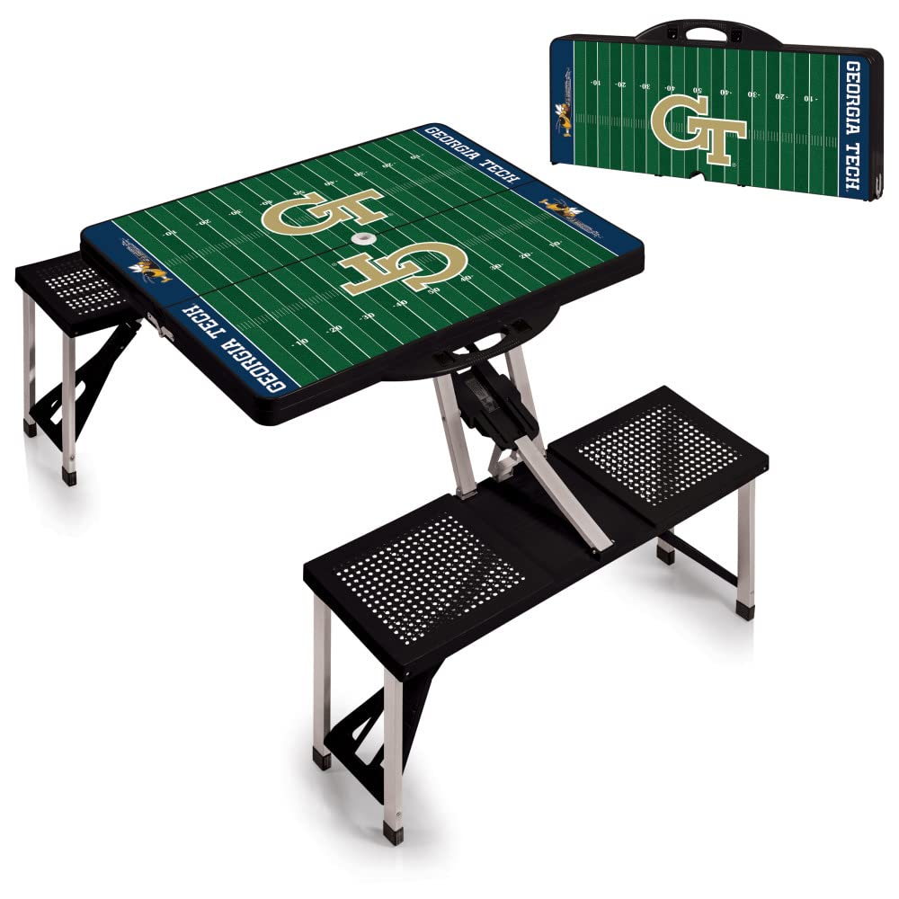 NCAA Georgia Tech Yellow Jackets Football Field Folding Picnic Table - Portable Camping Table with Umbrella Hole - Outdoor Dining Table for Tailgating, Beach, Backyard & Park (Black)
