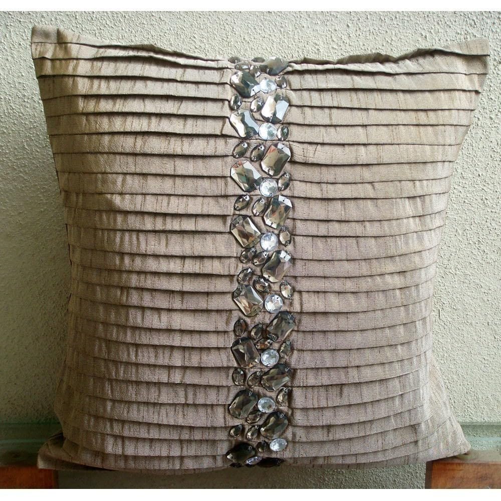 HomeCentric 18x18 Inch Square Silk Decorative Pillow Covers - Champagne Brown & Crystal Pink Tucks for Couch, Sofa, Bed - Elegant Home Decor for Living Room, Bedroom, Easter Gifts