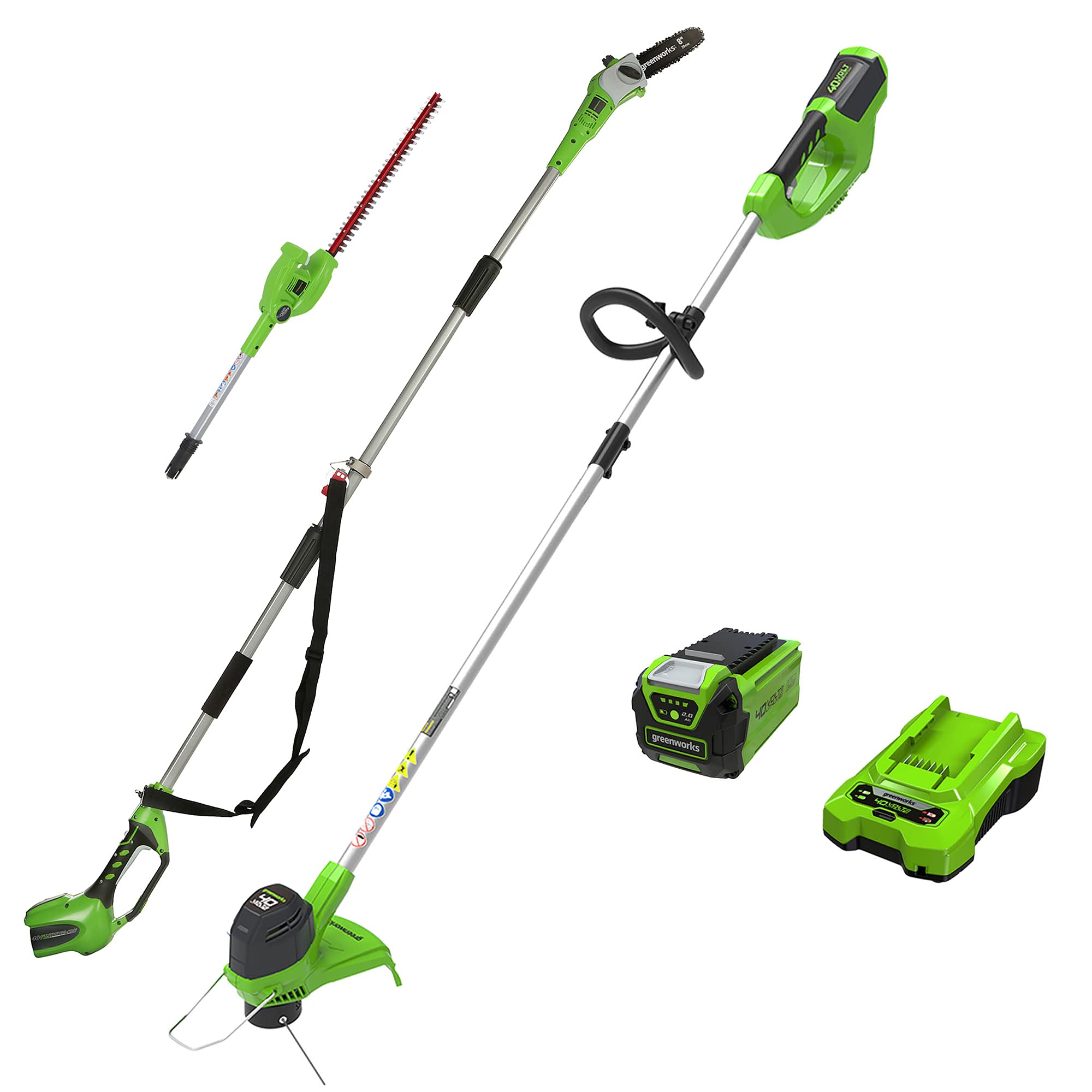 Greenworks 40V Cordless Pole Saw with 12-Inch Hedge Trimmer Attachment & String Trimmer Combo - 8.5ft Reach, 2.0AH Battery (PSPH40B00 & 2101602) - Perfect for Tree Trimming, Yard Maintenance & Landscaping