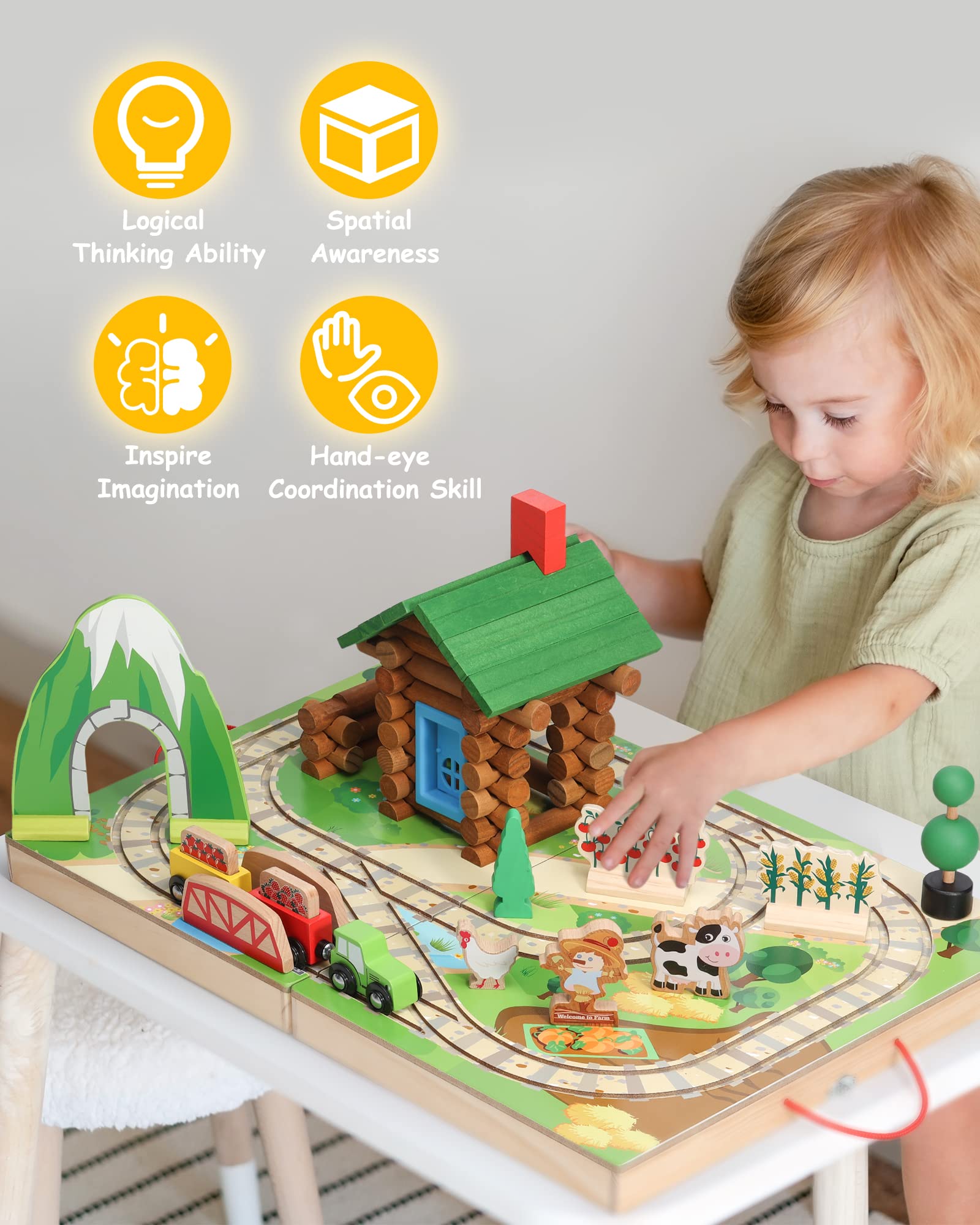 SainSmart Jr. Train Set for Toddlers - 78 PCS Portable Farm & Log Cabin Building Blocks, Take-Along Tabletop Railroad Toy for Kids Ages 3+ | Perfect for Pretend Play, Early Learning & Travel Entertainment