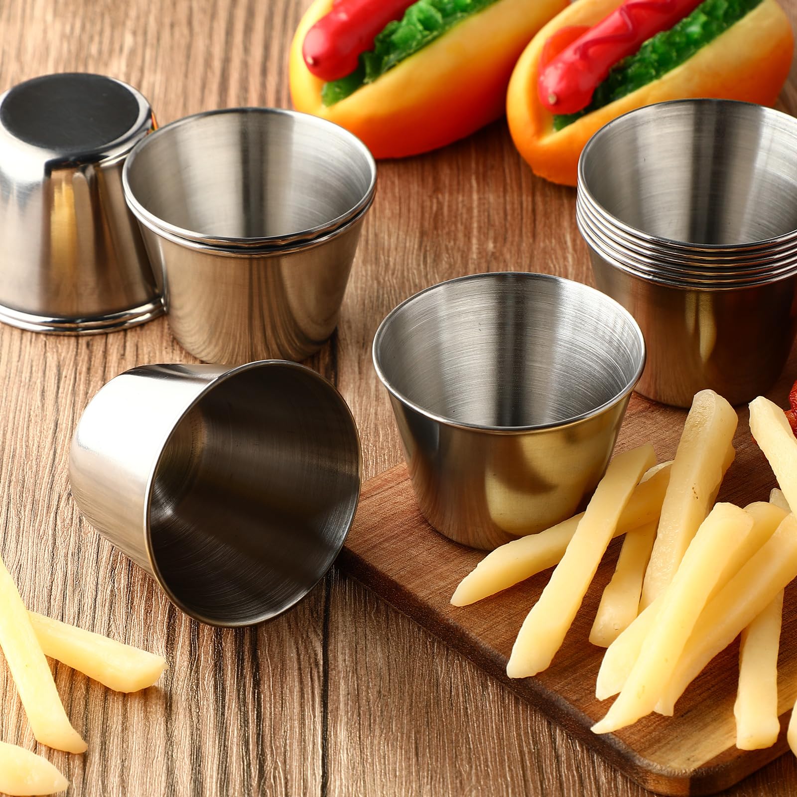 24-Piece 2.5 oz Stainless Steel Ramekins - Metal Sauce Cups & Condiment Dipping Bowls for Kitchen, Restaurant, Catering, Camping, BBQ & Parties - Perfect for Vinegar, Butter, Ice Cream & More