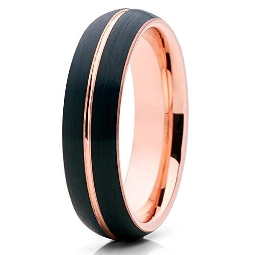 6mm Rose Gold Tungsten Wedding Band - Black Tungsten Ring with 18k Rose Gold Plating for Men & Women - Comfort Fit Anniversary & Engagement Ring - Perfect for Weddings, Proposals & Special Occasions