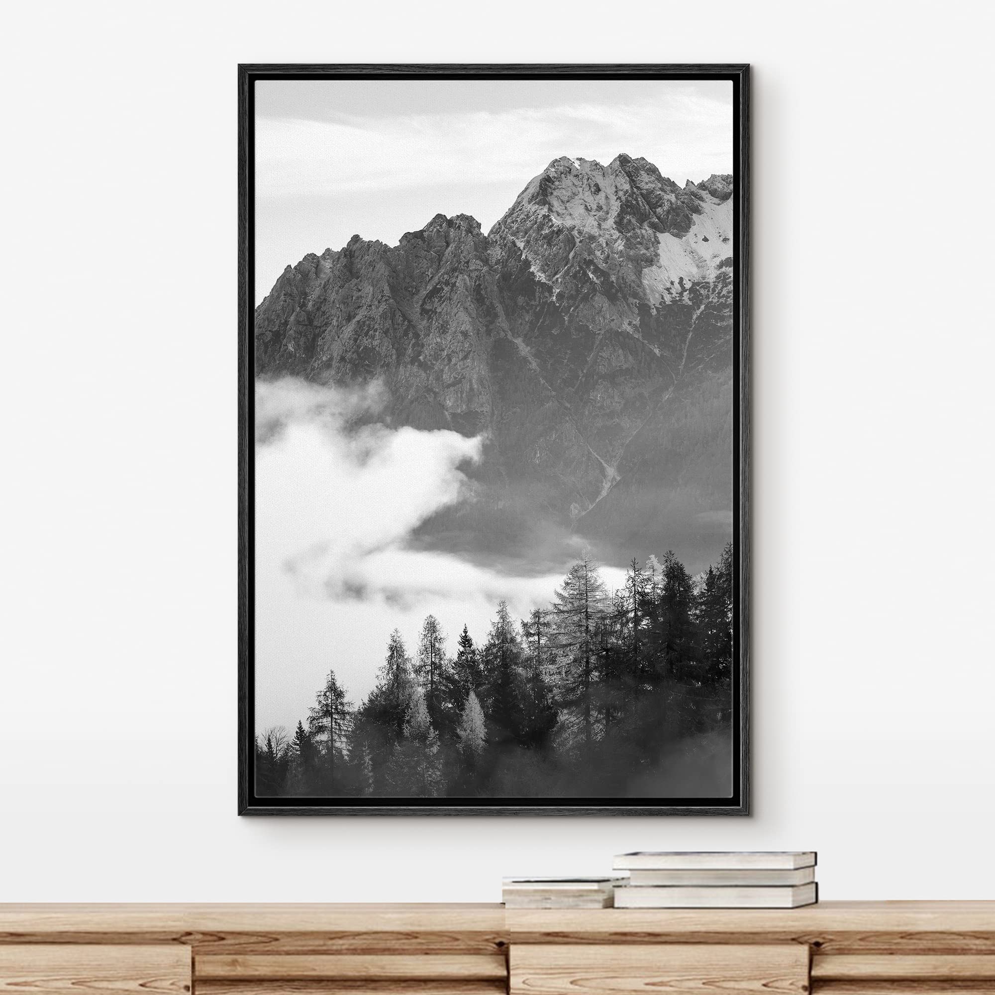 IDEA4WALL Framed Canvas Print - Black & White Mist Over Mountain Forest Valley Nature Wilderness Art - 24