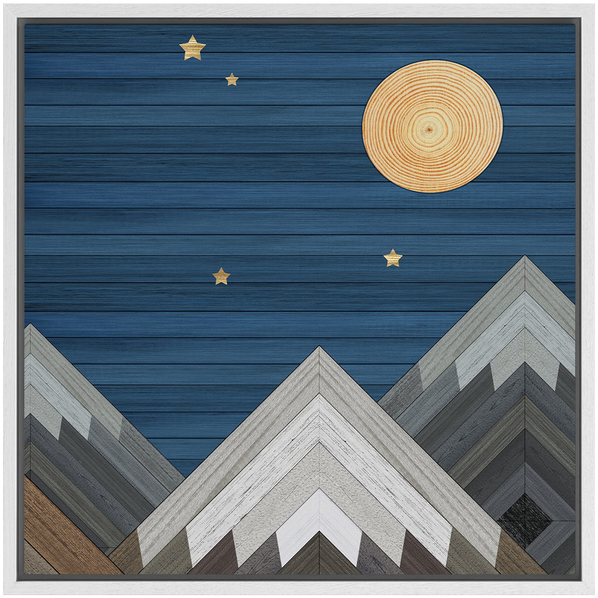 IDEA4WALL Framed Canvas Print - Western Decor Wood Block Night Moon Sky Mountain Range Nature Wilderness Illustration - Modern Wall Art for Living Room, Bedroom, Office - 24