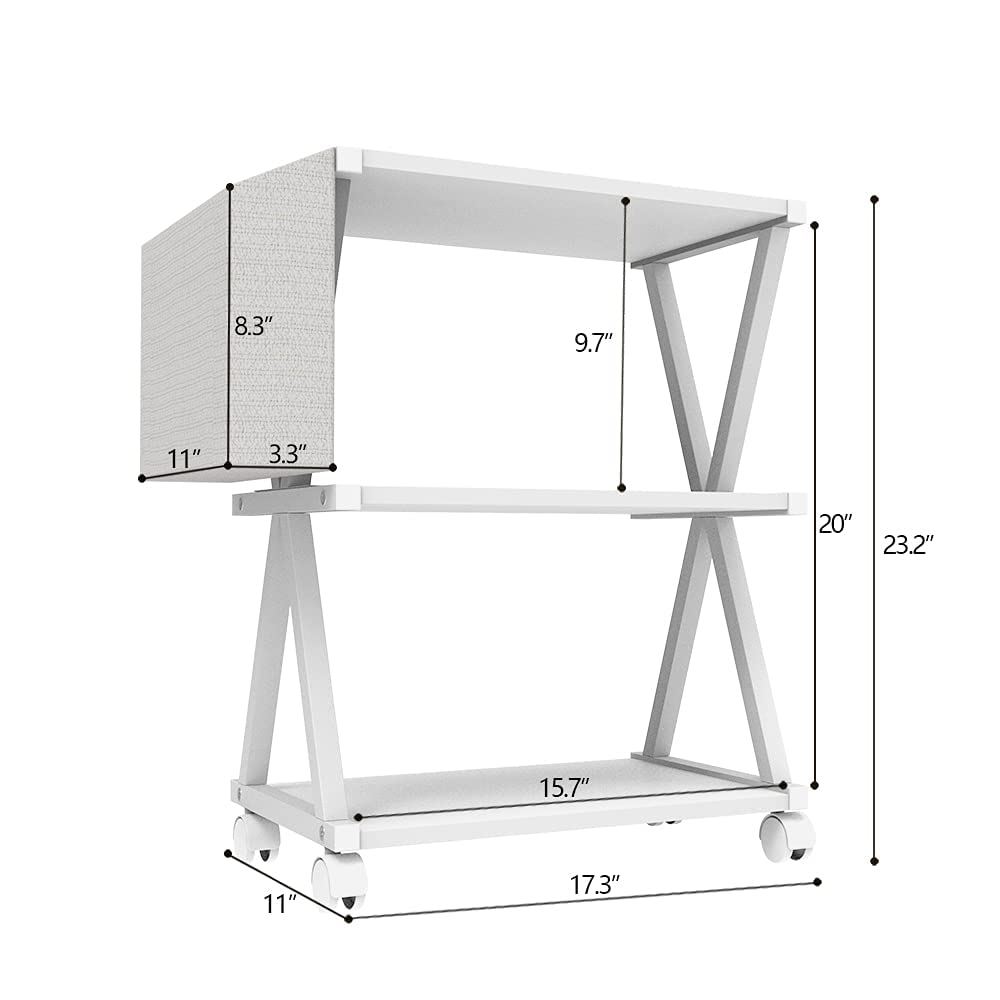 VEDECASA White 3-Tier Mobile Printer Stand - Wood Shelf & Metal Frame Printer Cart with Storage Bag & Rolling Caster Wheels for Home Office | Under Desk Printer Organizer for Laser, Inkjet Printers & Office Supplies Storage