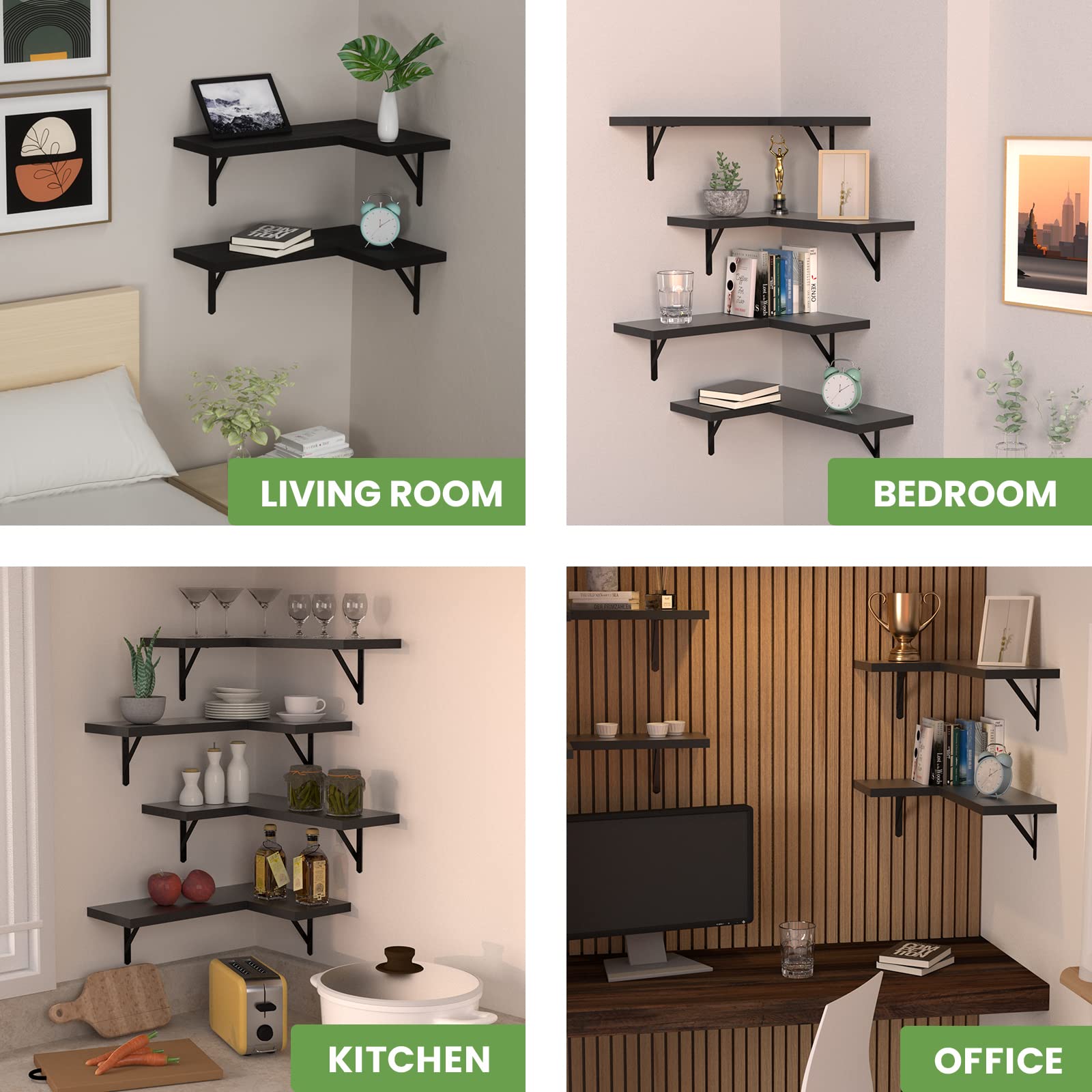 NATURE'S SOURCE Gothic Style Corner Floating Shelves Set of 4 - Wall Mounted Storage for Bedroom, Kitchen, Living Room, Bathroom & Office - Black Wooden Shelves for Home Decor & Organization