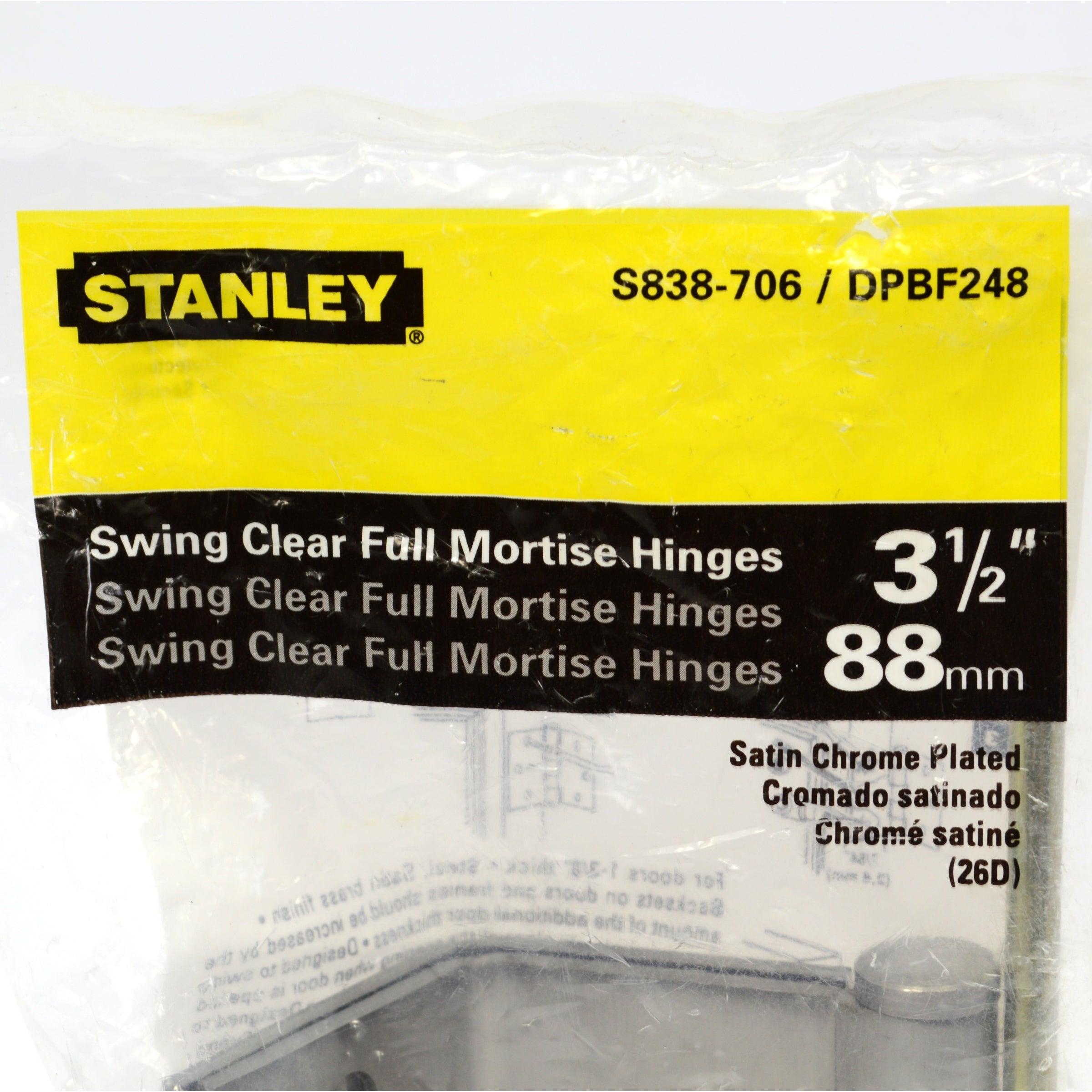 STANLEY S838 706/DPBF248 Swing Clear Full Mortise Hinges - Satin Chrome Finish - for Interior Doors, Cabinets & Furniture Installation - Heavy Duty Door Hardware