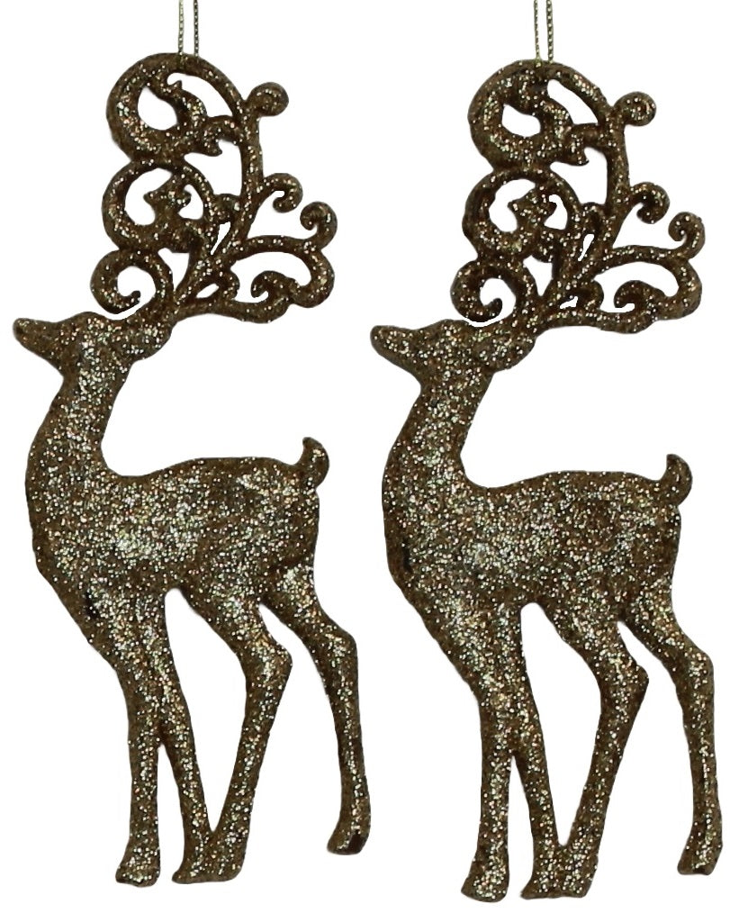 2 Pack Shatterproof Glitter Reindeer Christmas Tree Ornaments - Gold & Spruce for Holiday Decor, Gift Wrapping, and Festive Home Decorating
