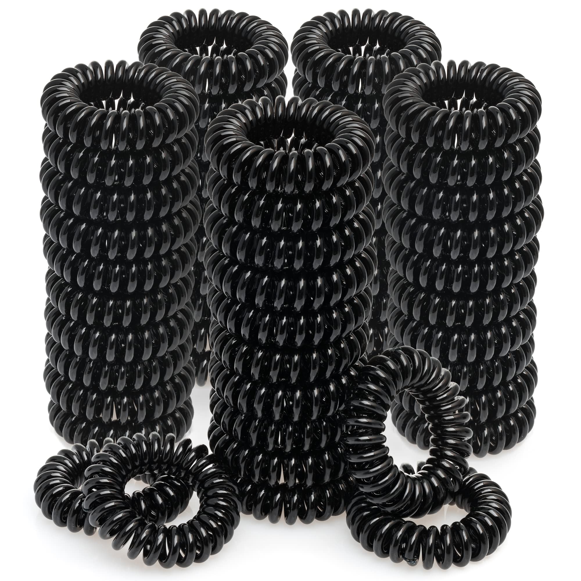 54 Pcs Black Spiral Hair Ties for Women & Girls - No Damage Coil Hair Ties, Waterproof Plastic Phone Cord Ponytail Holders for Thin & Curly Hair - Perfect for Gym, Work, Travel & Everyday Styling