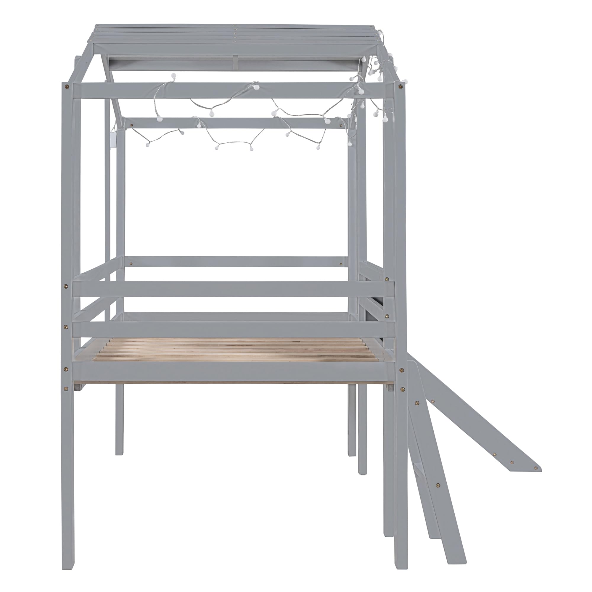 **Twin Size Loft Bed with Slide for Kids - Low Loft Bed with Blackboard & LED Light Strip - Wooden Slide Bed for Boys & Girls (Grey) - Perfect for Small Bedrooms, Playrooms & Fun Sleepovers**