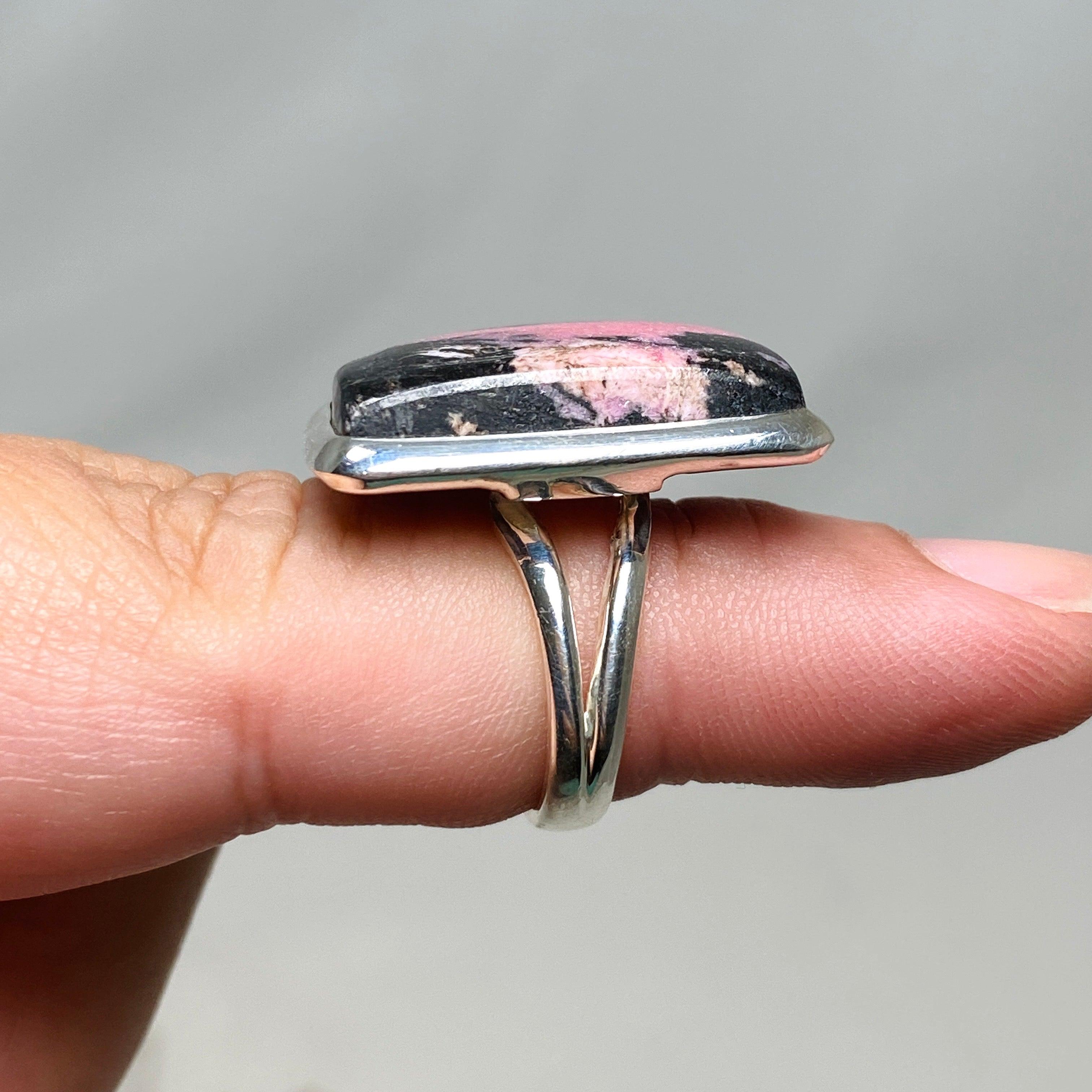 Rhodonite Rectangle Split Band Ring for Women - Size 6 Sterling Silver Healing Stone Jewelry KRGJ3211 | Gift for Her, Meditation, Energy Balancing
